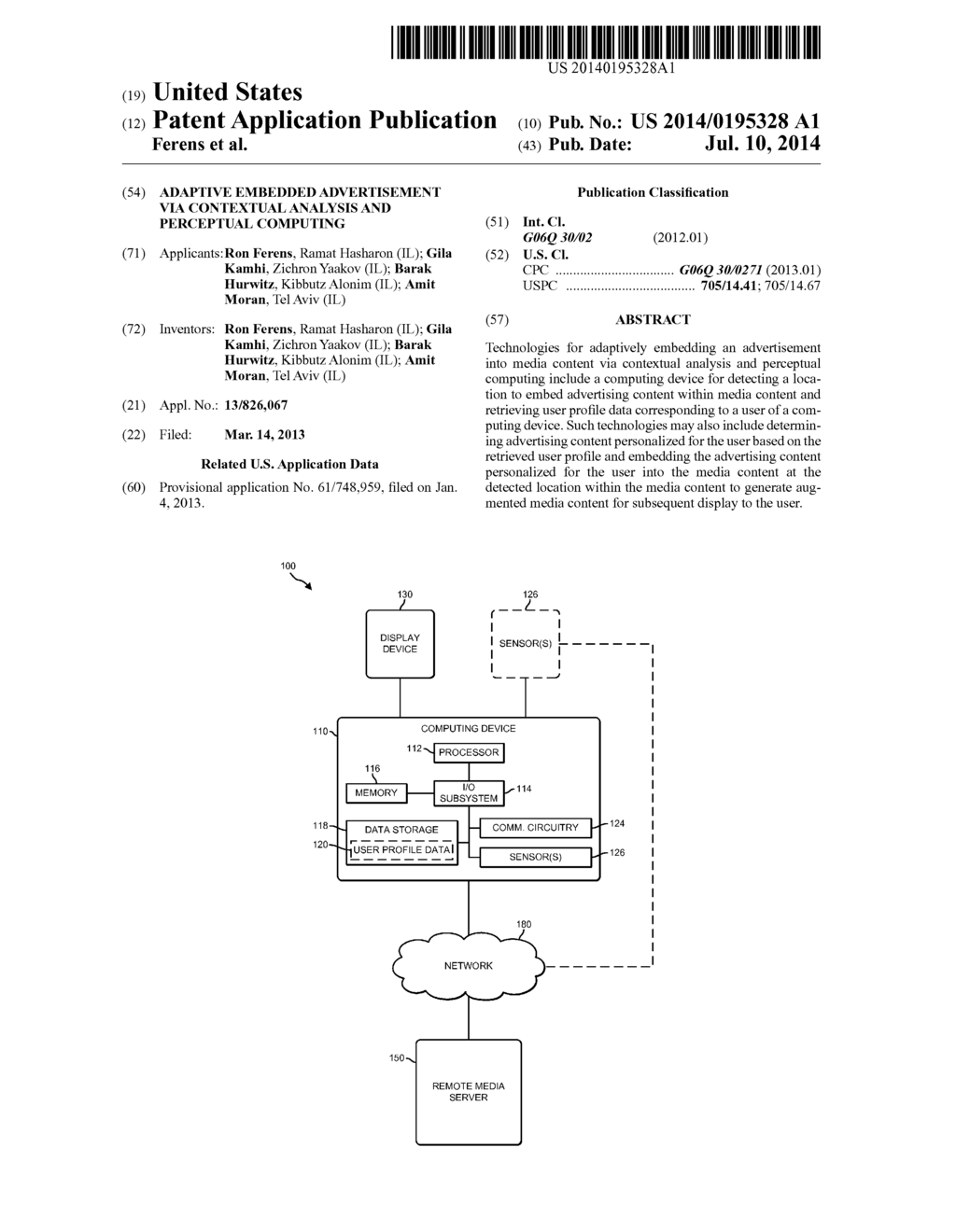 ADAPTIVE EMBEDDED ADVERTISEMENT VIA CONTEXTUAL ANALYSIS AND PERCEPTUAL     COMPUTING - diagram, schematic, and image 01