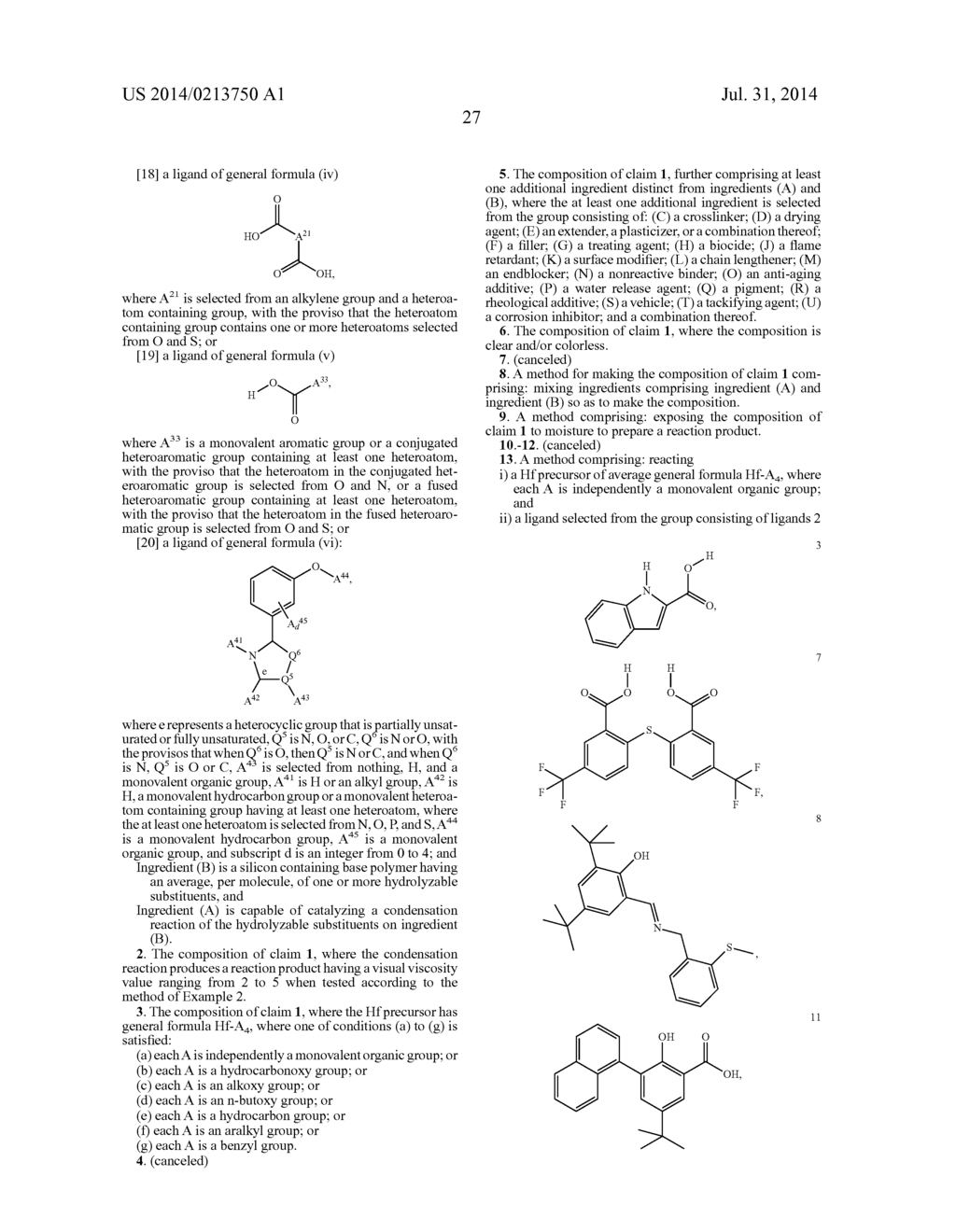 Hafnium Containing Complex and Condensation Reaction Catalysts, Methods     for Preparing the Catalysts, and Compositions Containing the Catalysts - diagram, schematic, and image 28