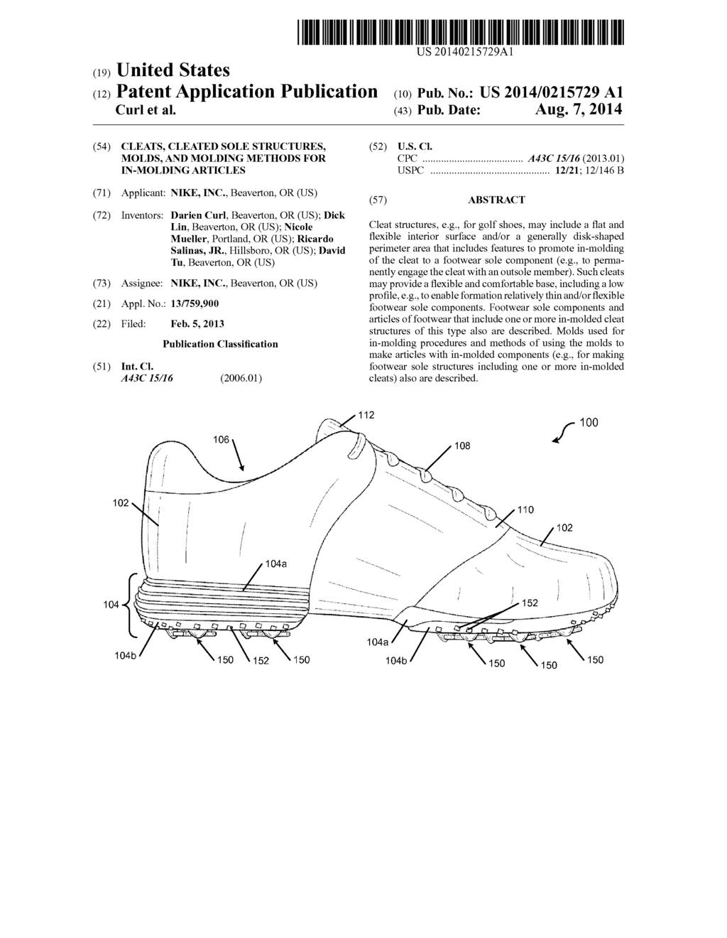 CLEATS, CLEATED SOLE STRUCTURES, MOLDS, AND MOLDING METHODS FOR IN-MOLDING     ARTICLES - diagram, schematic, and image 01