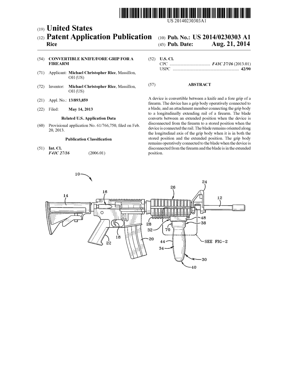 CONVERTIBLE KNIFE/FORE GRIP FOR A FIREARM - diagram, schematic, and image 01