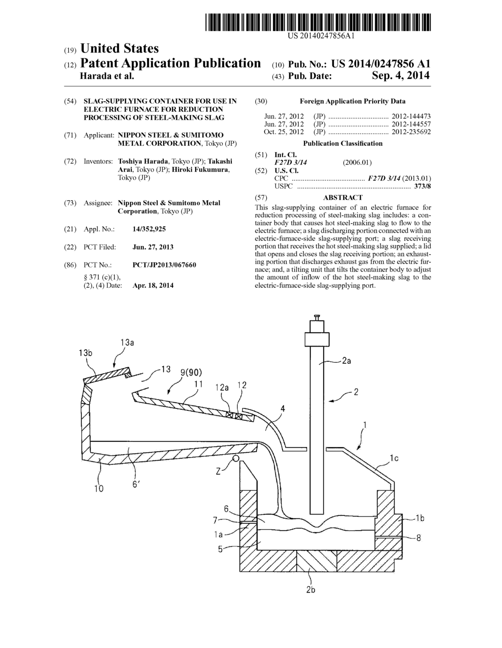 SLAG-SUPPLYING CONTAINER FOR USE IN ELECTRIC FURNACE FOR REDUCTION     PROCESSING OF STEEL-MAKING SLAG - diagram, schematic, and image 01