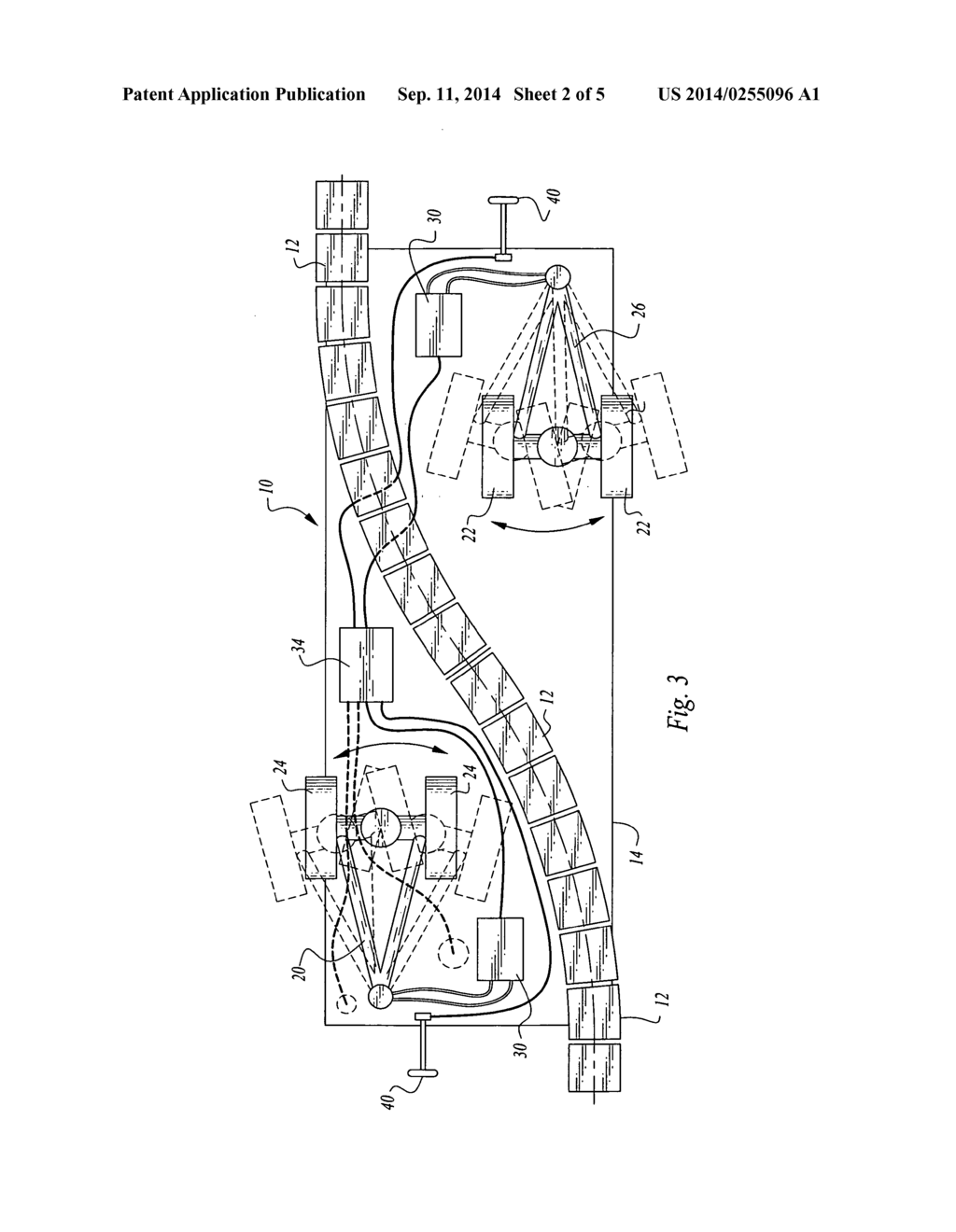 APPARATUS AND METHOD FOR PICKING UP AND REPOSITIONING A STRING OF ROADWAY     BARRIER SEGMENTS - diagram, schematic, and image 03