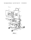 ERGONOMIC PRODUCTIVITY WORKSTATION HAVING COORDINATED AND HARMONIZED     MOVEMENT OF HEAD REST, BACKREST, SEAT, LEG REST, ARM RESTS, MONITOR     SUPPORT, AND WORK TRAYS THROUGH SITTING, STANDING, AND RECLINING     CONFIGURATIONS diagram and image