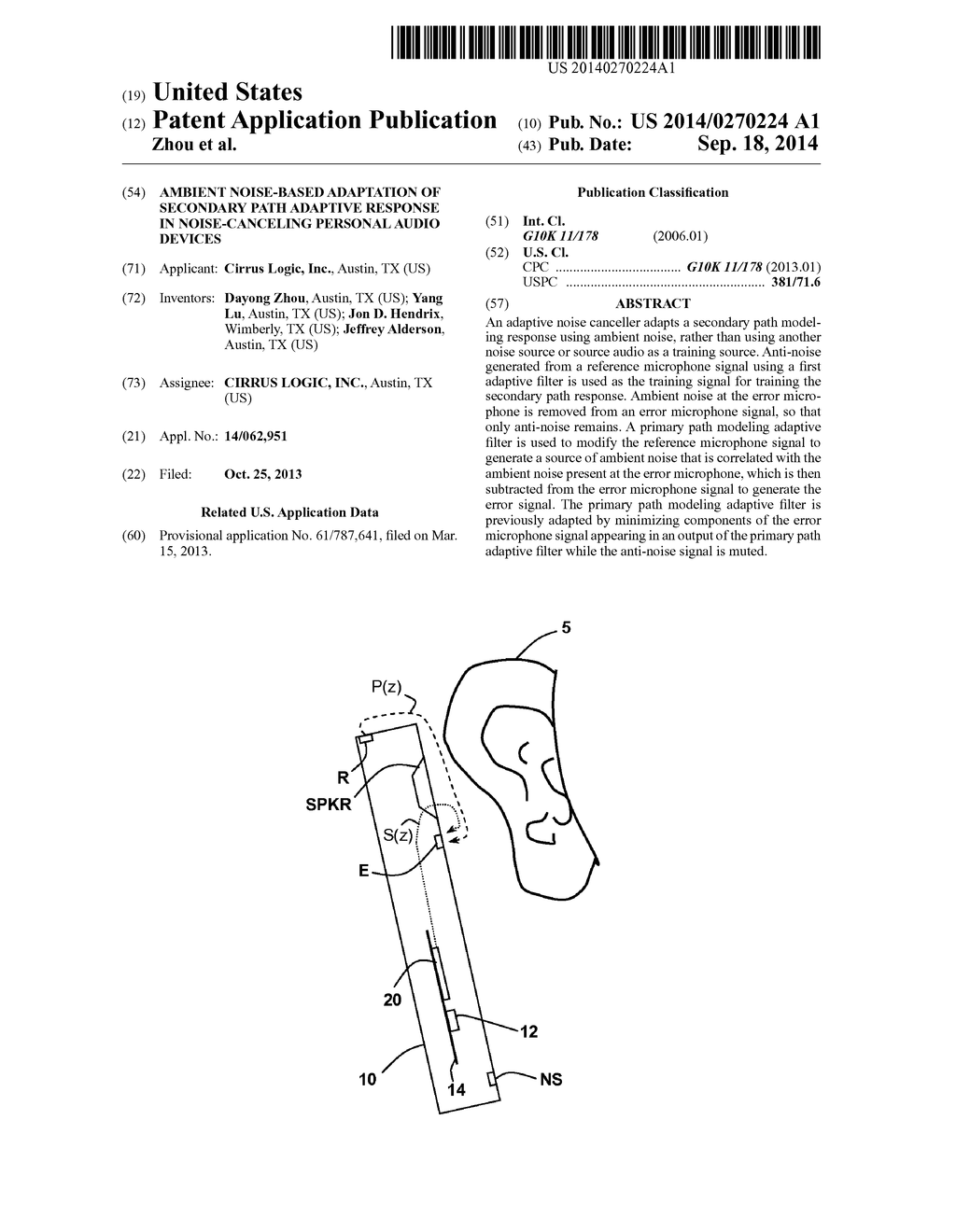 AMBIENT NOISE-BASED ADAPTATION OF SECONDARY PATH ADAPTIVE RESPONSE IN     NOISE-CANCELING PERSONAL AUDIO DEVICES - diagram, schematic, and image 01