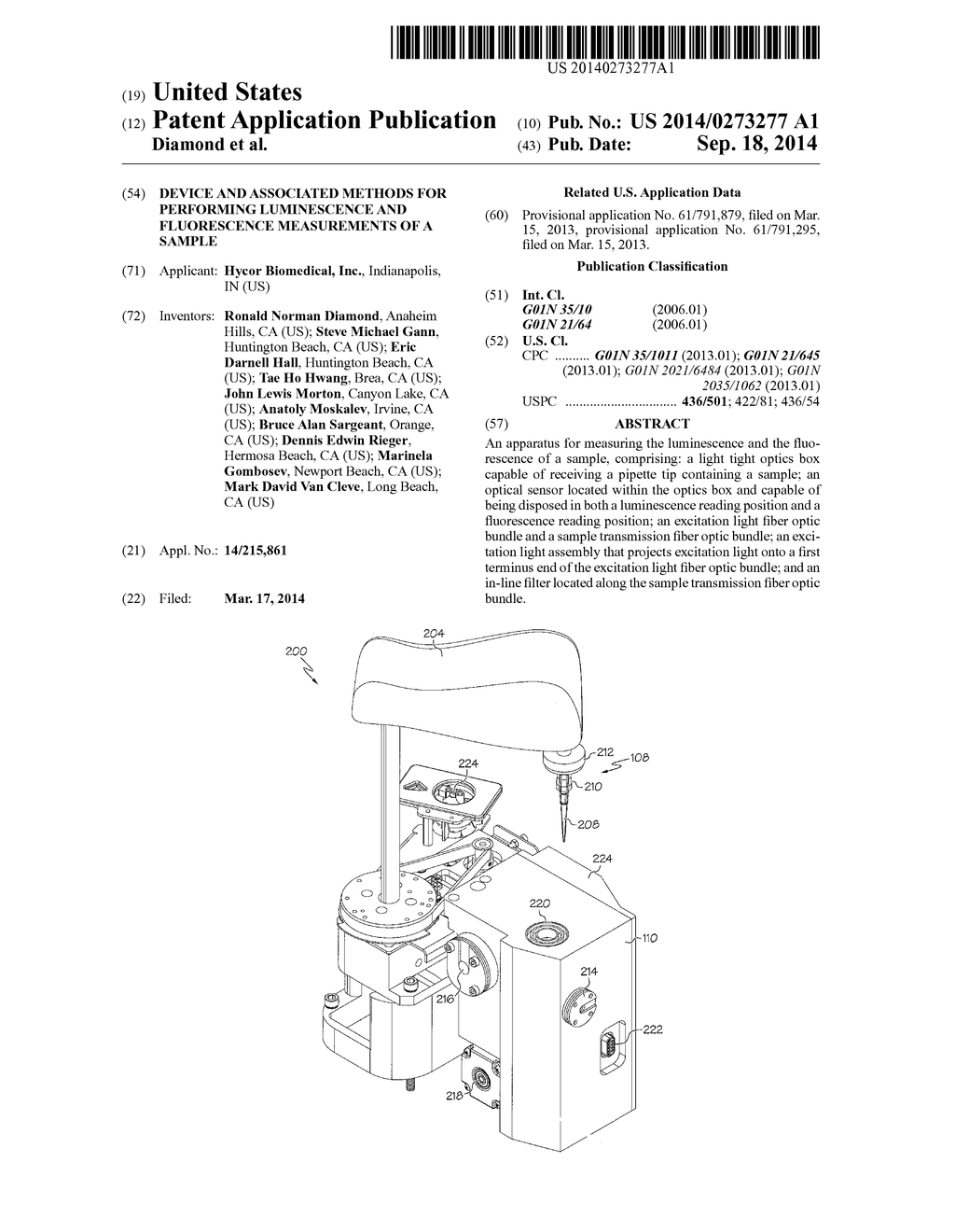 DEVICE AND ASSOCIATED METHODS FOR PERFORMING LUMINESCENCE AND FLUORESCENCE     MEASUREMENTS OF A SAMPLE - diagram, schematic, and image 01