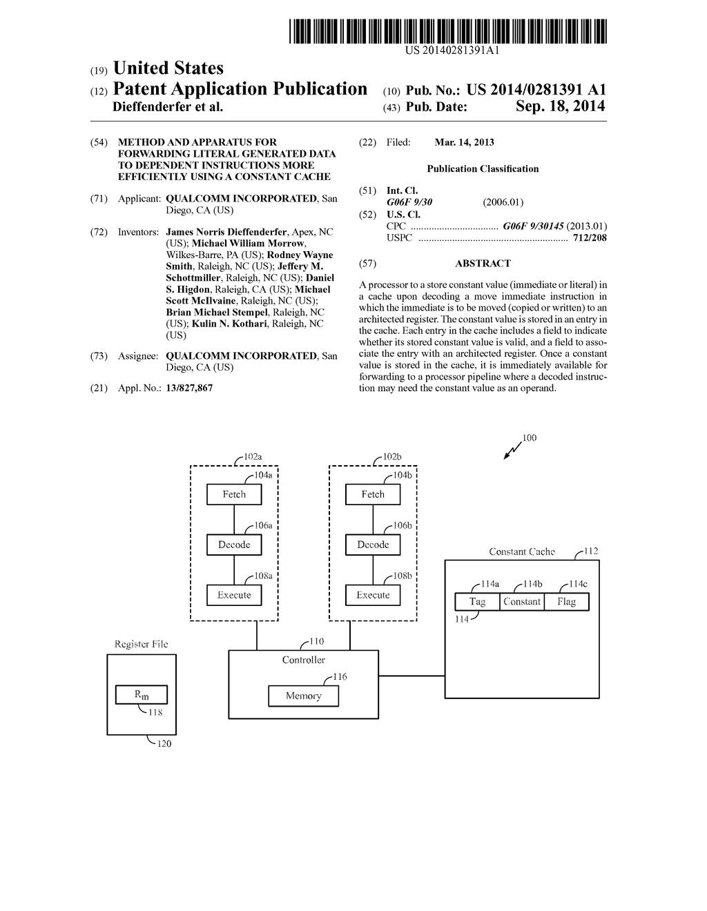 METHOD AND APPARATUS FOR FORWARDING LITERAL GENERATED DATA TO DEPENDENT     INSTRUCTIONS MORE EFFICIENTLY USING A CONSTANT CACHE - diagram, schematic, and image 01