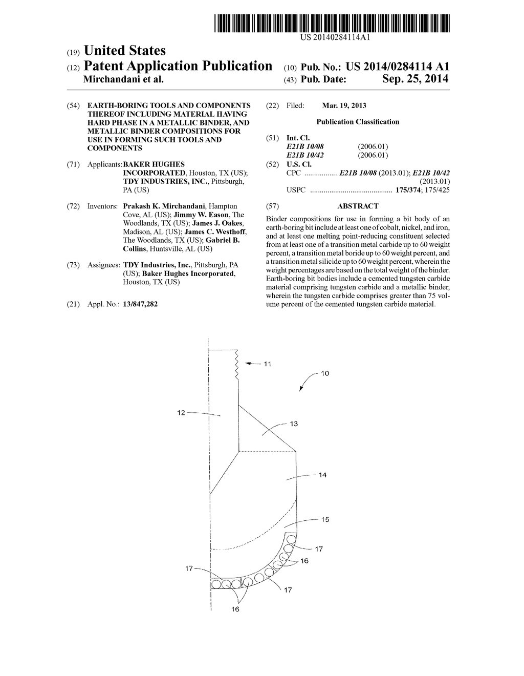 EARTH-BORING TOOLS AND COMPONENTS THEREOF INCLUDING MATERIAL HAVING HARD     PHASE IN A METALLIC BINDER, AND METALLIC BINDER COMPOSITIONS FOR USE IN     FORMING SUCH TOOLS AND COMPONENTS - diagram, schematic, and image 01