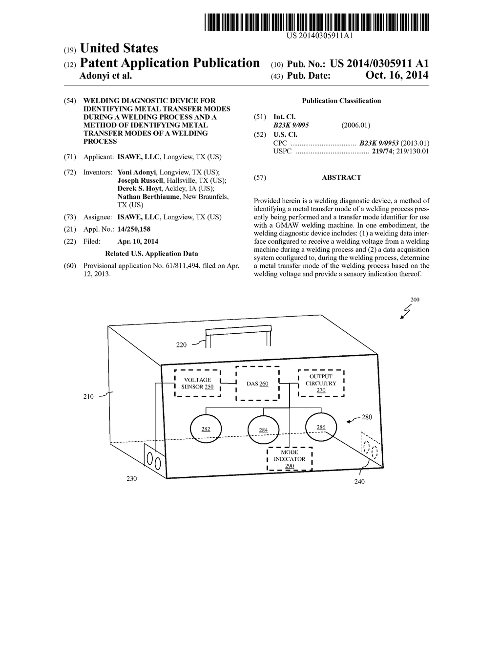 WELDING DIAGNOSTIC DEVICE FOR IDENTIFYING METAL TRANSFER MODES DURING A     WELDING PROCESS AND A METHOD OF IDENTIFYING METAL TRANSFER MODES OF A     WELDING PROCESS - diagram, schematic, and image 01