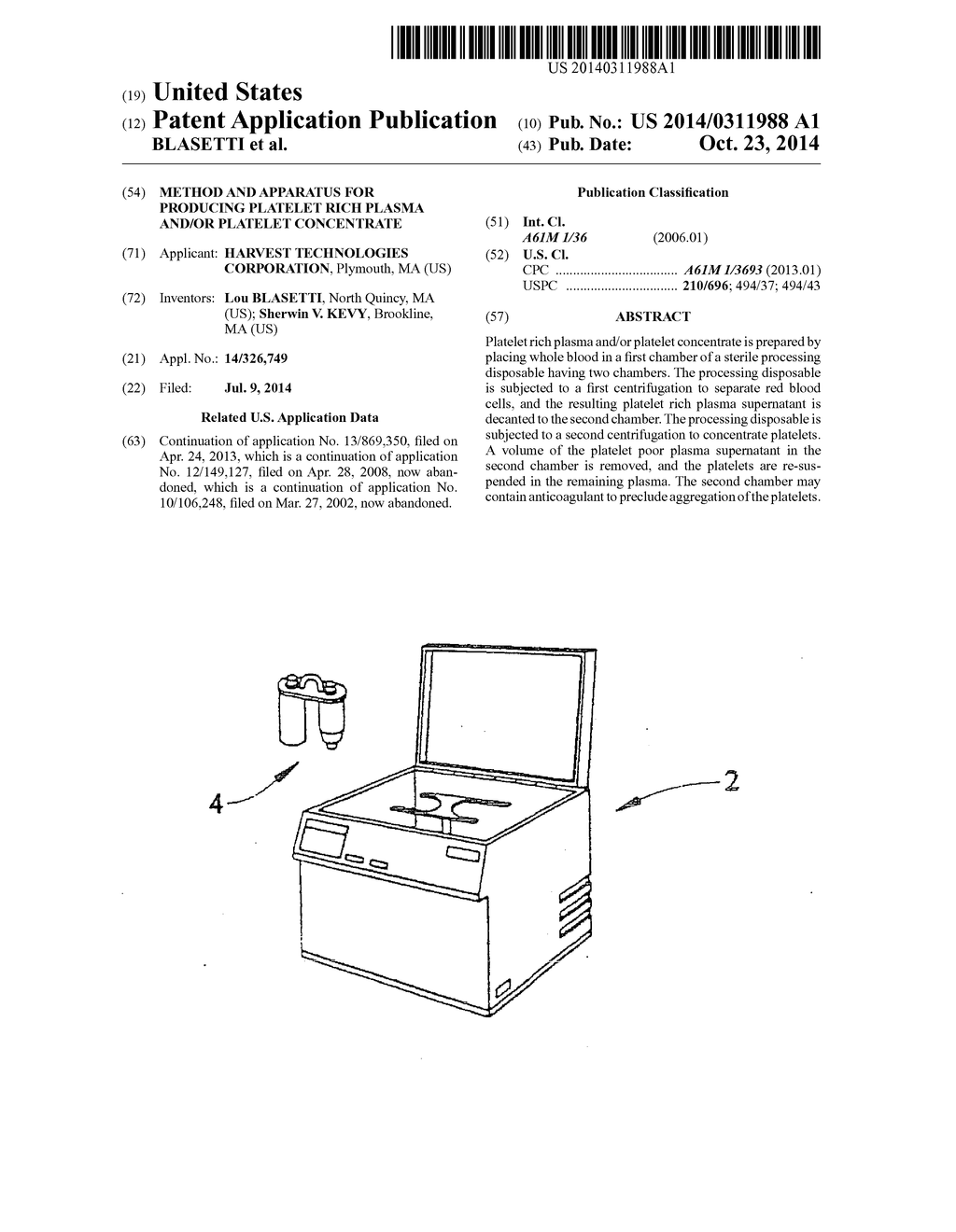 METHOD AND APPARATUS FOR PRODUCING PLATELET RICH PLASMA AND/OR PLATELET     CONCENTRATE - diagram, schematic, and image 01