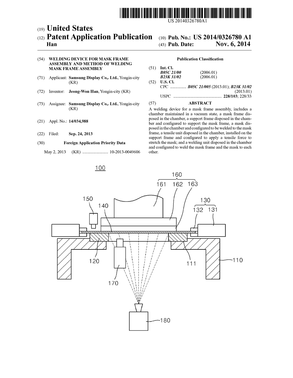 WELDING DEVICE FOR MASK FRAME ASSEMBLY AND METHOD OF WELDING MASK FRAME     ASSEMBLY - diagram, schematic, and image 01