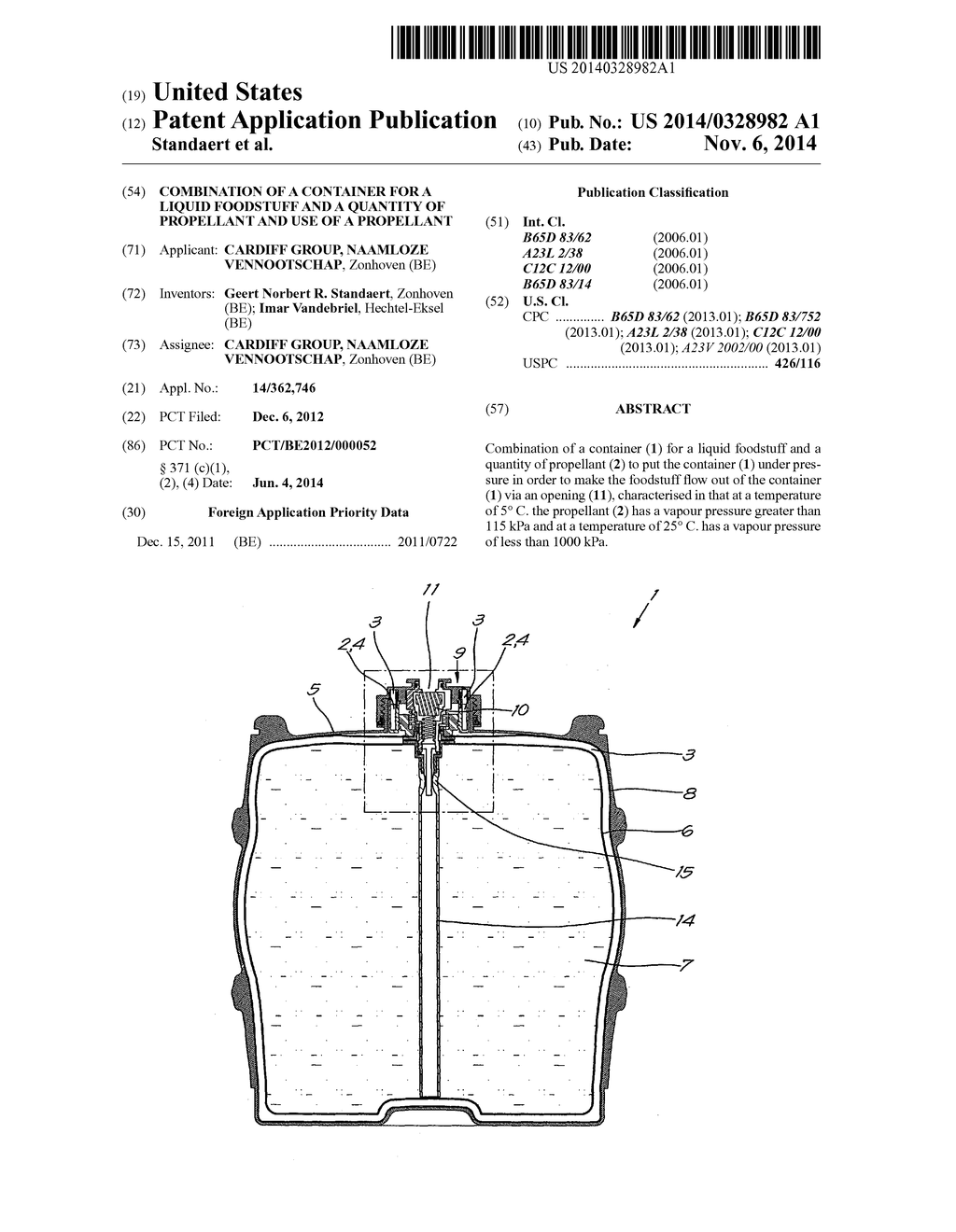 COMBINATION OF A CONTAINER FOR A LIQUID FOODSTUFF AND A QUANTITY OF     PROPELLANT AND USE OF A PROPELLANT - diagram, schematic, and image 01