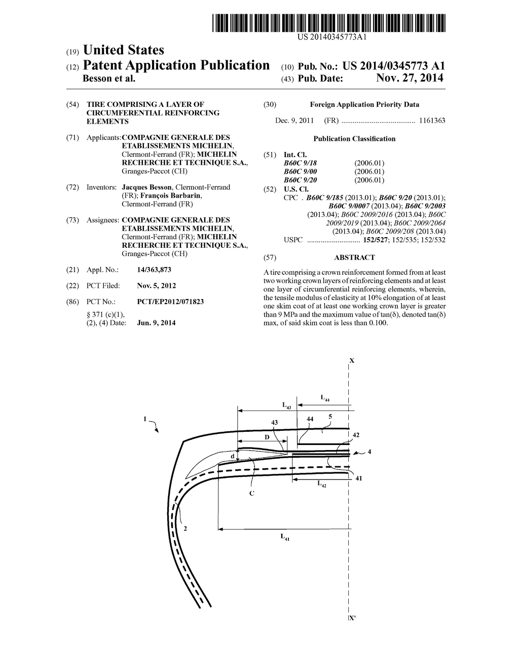 TIRE COMPRISING A LAYER OF CIRCUMFERENTIAL REINFORCING ELEMENTS - diagram, schematic, and image 01