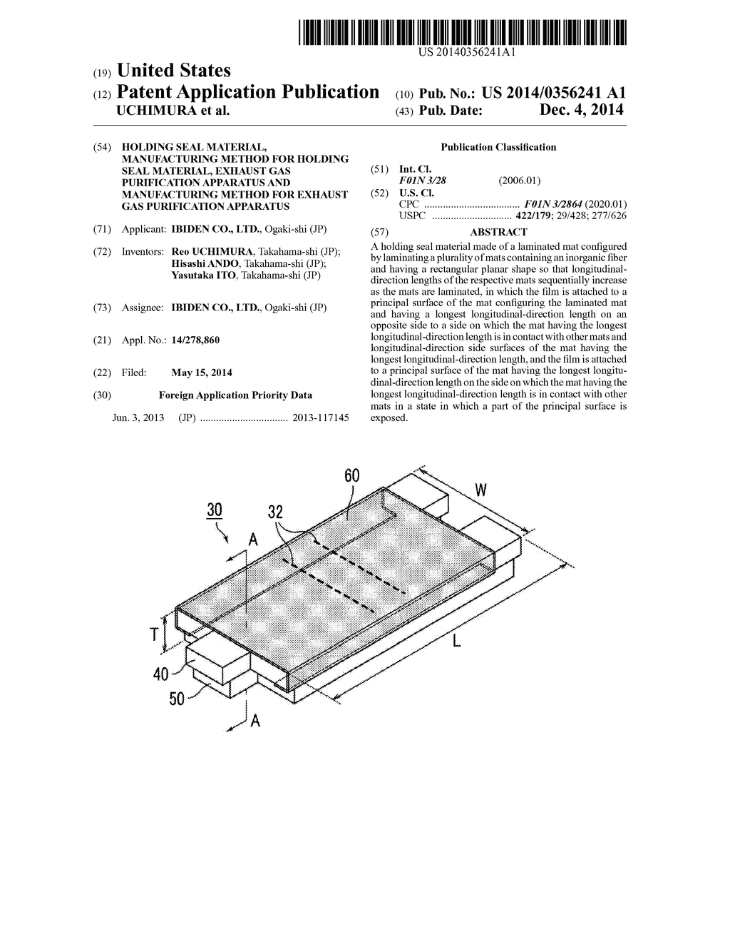 HOLDING SEAL MATERIAL, MANUFACTURING METHOD FOR HOLDING SEAL MATERIAL,     EXHAUST GAS PURIFICATION APPARATUS AND MANUFACTURING METHOD FOR EXHAUST     GAS PURIFICATION APPARATUS - diagram, schematic, and image 01