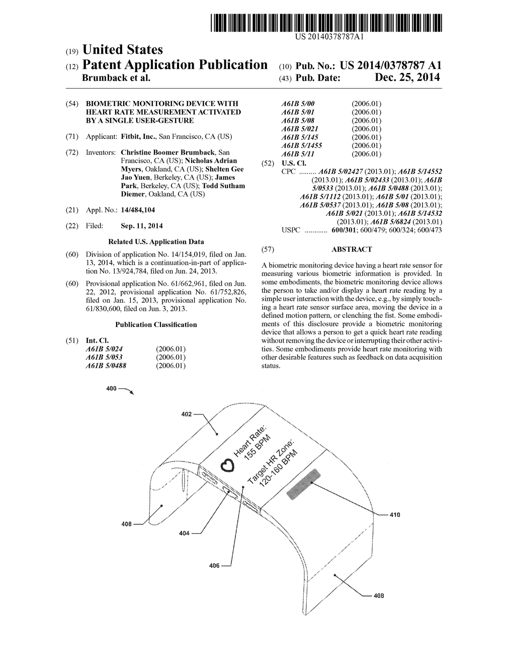 BIOMETRIC MONITORING DEVICE WITH HEART RATE MEASUREMENT ACTIVATED BY A     SINGLE USER-GESTURE - diagram, schematic, and image 01