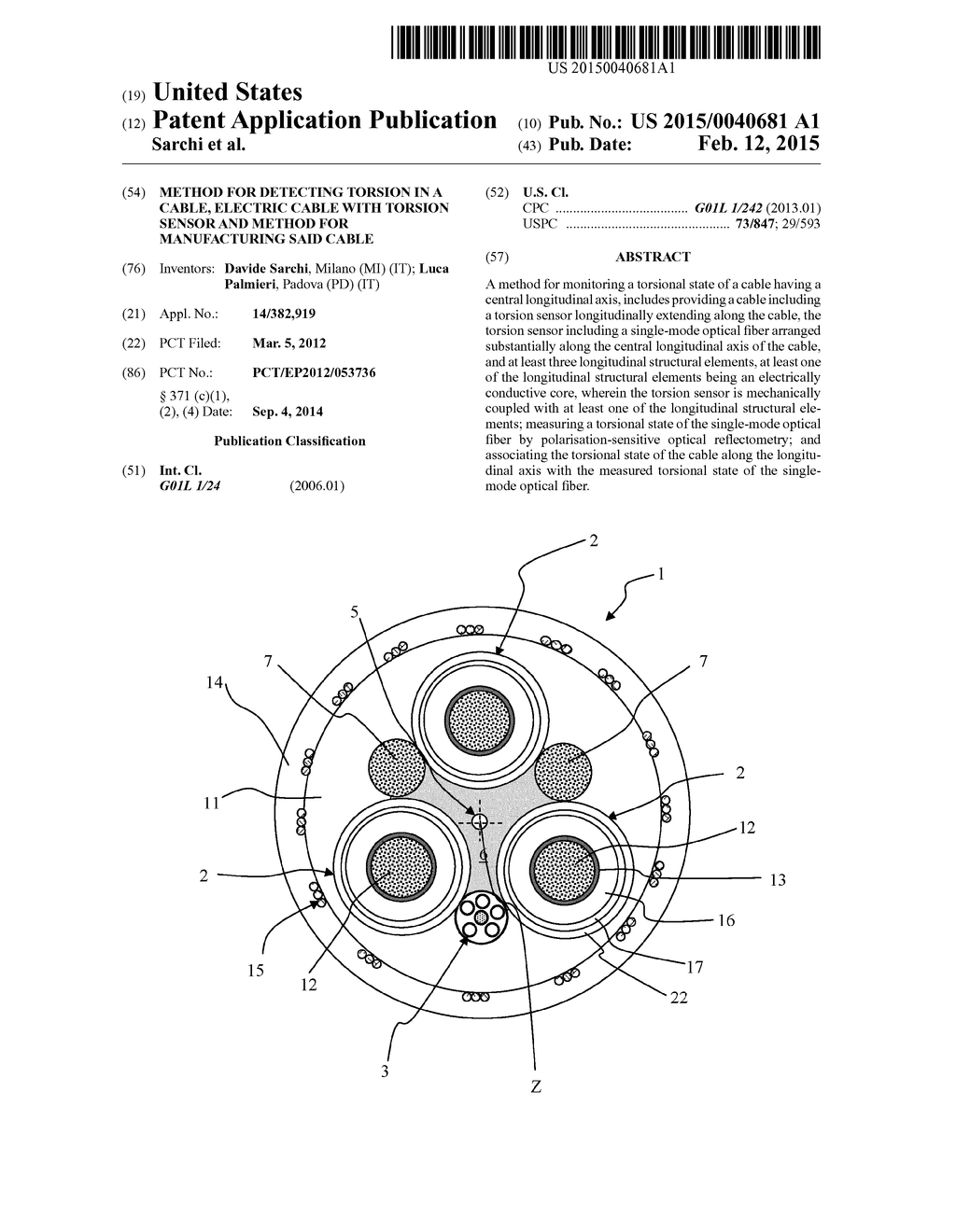 METHOD FOR DETECTING TORSION IN A CABLE, ELECTRIC CABLE WITH TORSION     SENSOR AND METHOD FOR MANUFACTURING SAID CABLE - diagram, schematic, and image 01