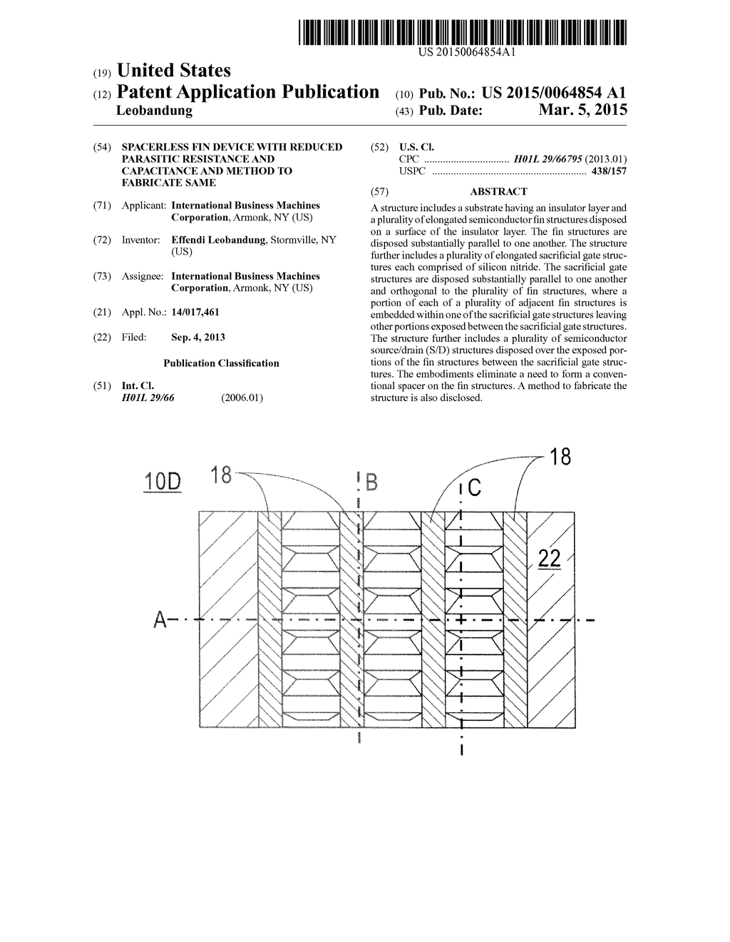 SPACERLESS FIN DEVICE WITH REDUCED PARASITIC RESISTANCE AND CAPACITANCE     AND METHOD TO FABRICATE SAME - diagram, schematic, and image 01