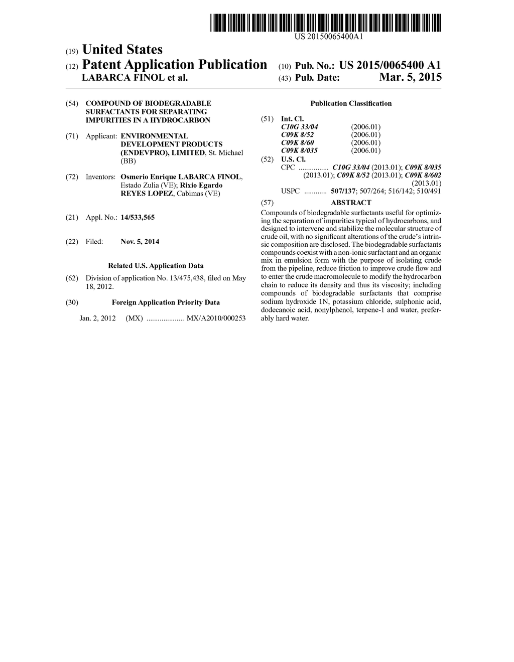 COMPOUND OF BIODEGRADABLE SURFACTANTS FOR SEPARATING IMPURITIES IN A     HYDROCARBON - diagram, schematic, and image 01