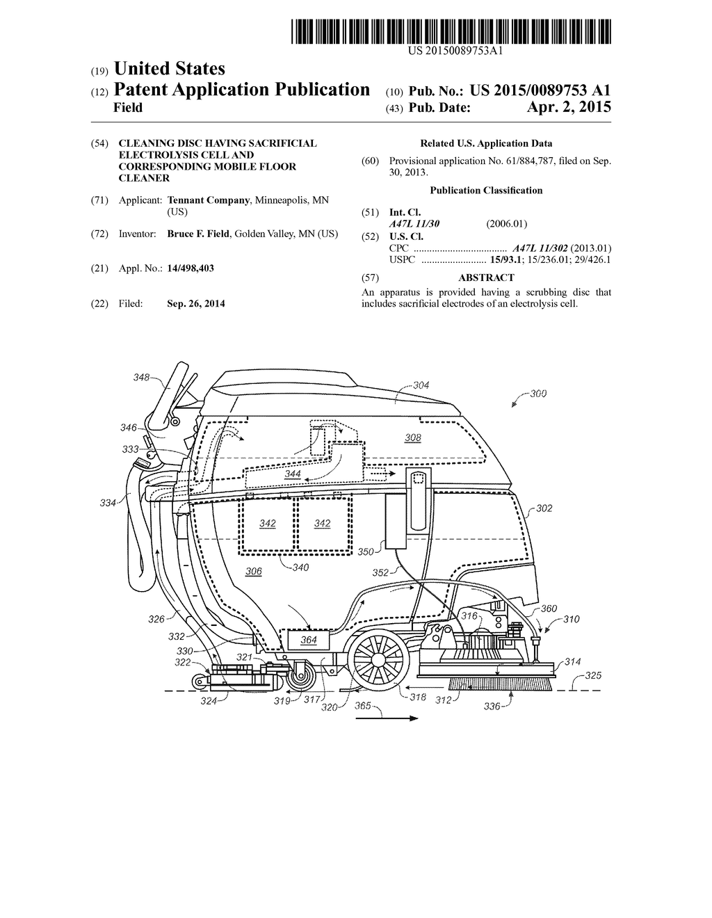 CLEANING DISC HAVING SACRIFICIAL ELECTROLYSIS CELL AND CORRESPONDING     MOBILE FLOOR CLEANER - diagram, schematic, and image 01