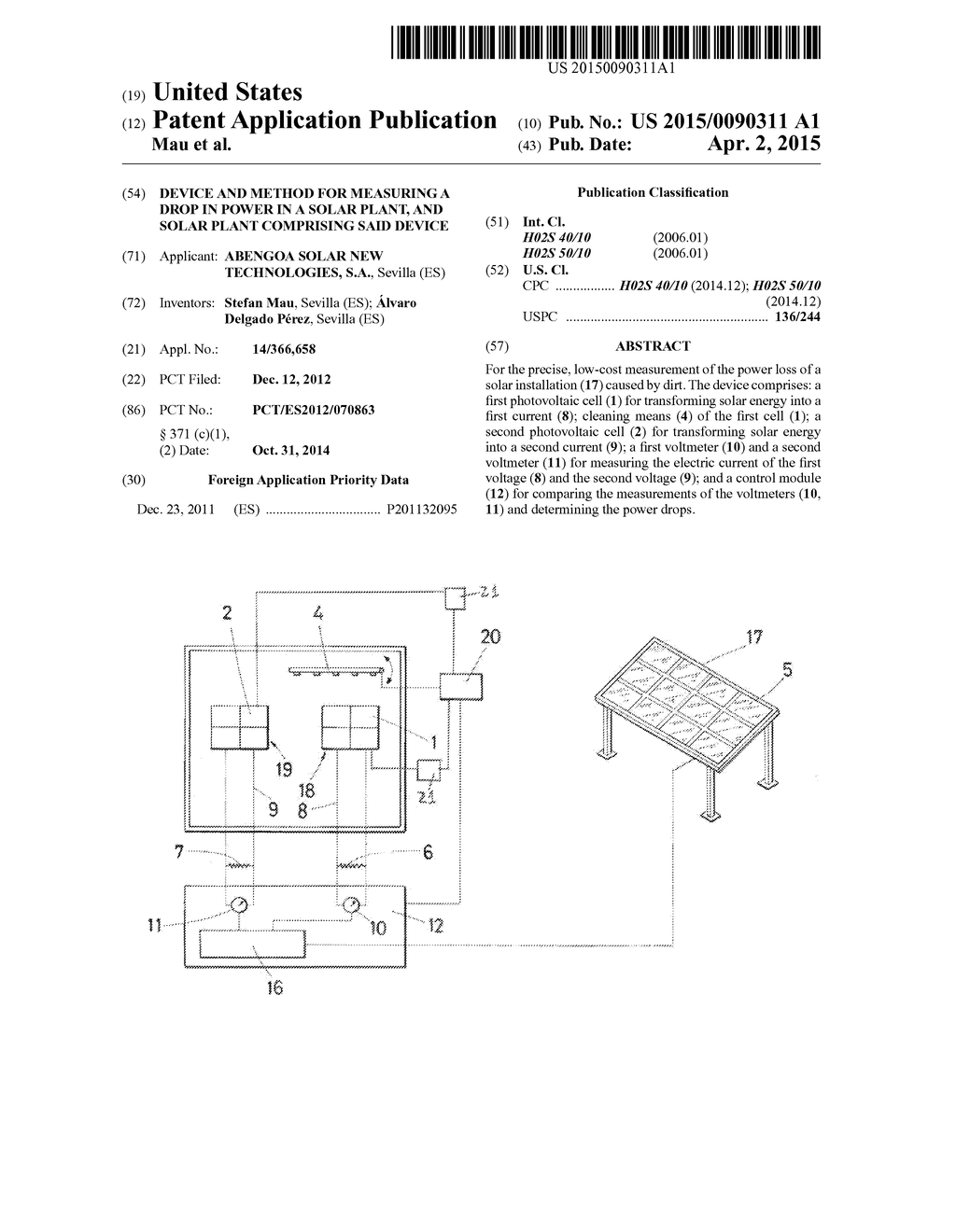 DEVICE AND METHOD FOR MEASURING A DROP IN POWER IN A SOLAR PLANT, AND     SOLAR PLANT COMPRISING SAID DEVICE - diagram, schematic, and image 01