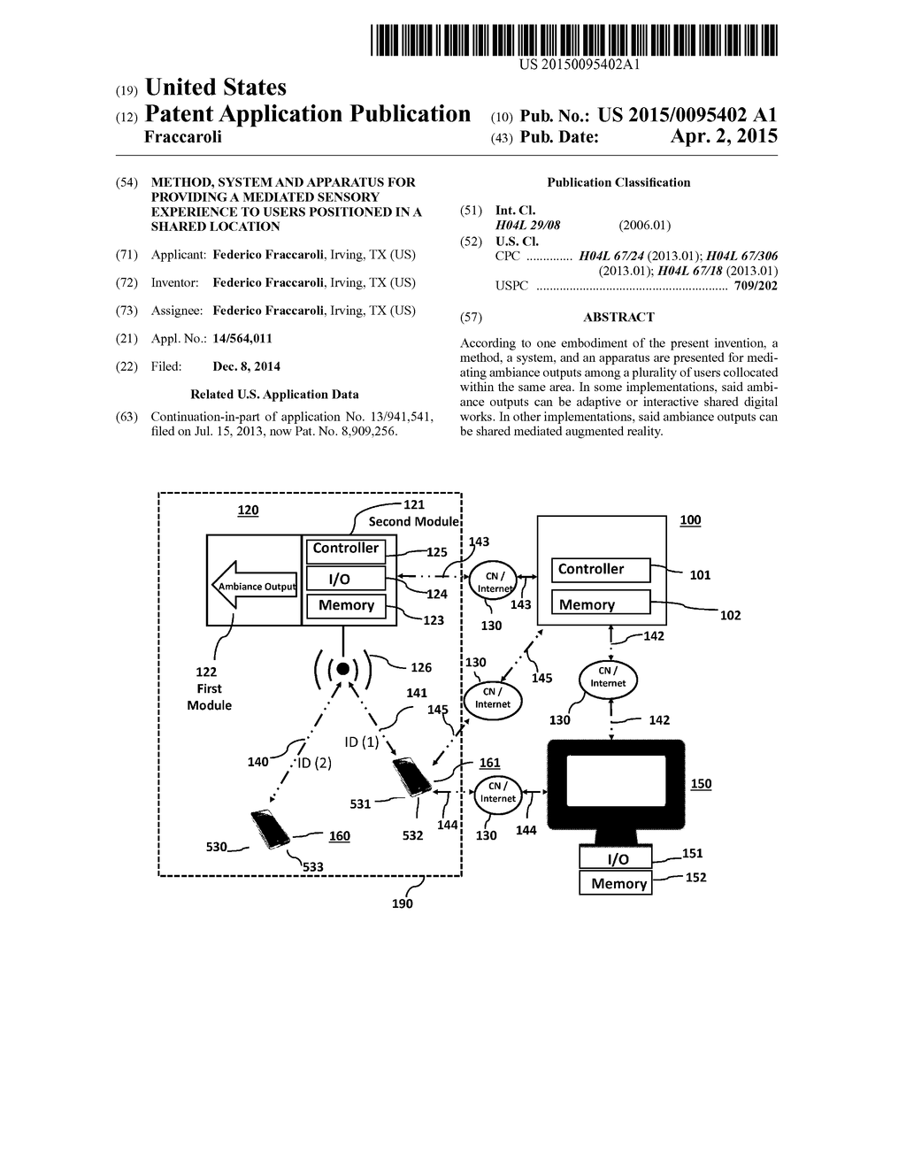 METHOD, SYSTEM AND APPARATUS FOR PROVIDING A MEDIATED SENSORY EXPERIENCE     TO USERS POSITIONED IN A SHARED LOCATION - diagram, schematic, and image 01