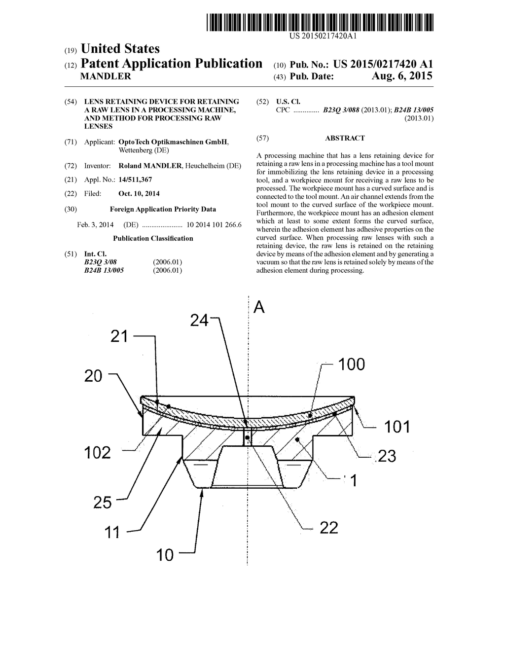 LENS RETAINING DEVICE FOR RETAINING A RAW LENS IN A PROCESSING MACHINE,     AND METHOD FOR PROCESSING RAW LENSES - diagram, schematic, and image 01