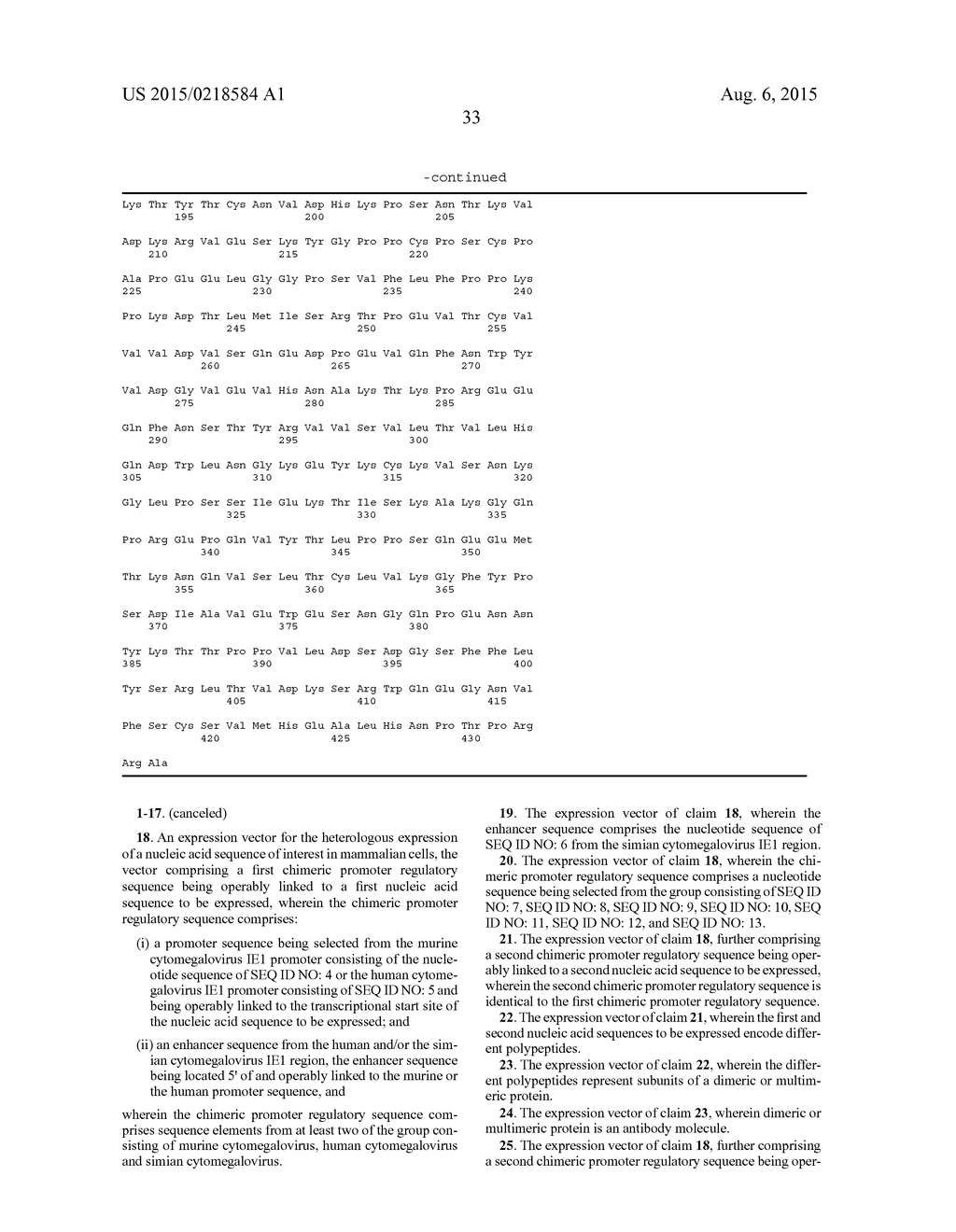 EXPRESSION VECTORS COMPRISING CHIMERIC CYTOMEGALOVIRUS PROMOTER AND     ENHANCER SEQUENCES - diagram, schematic, and image 39