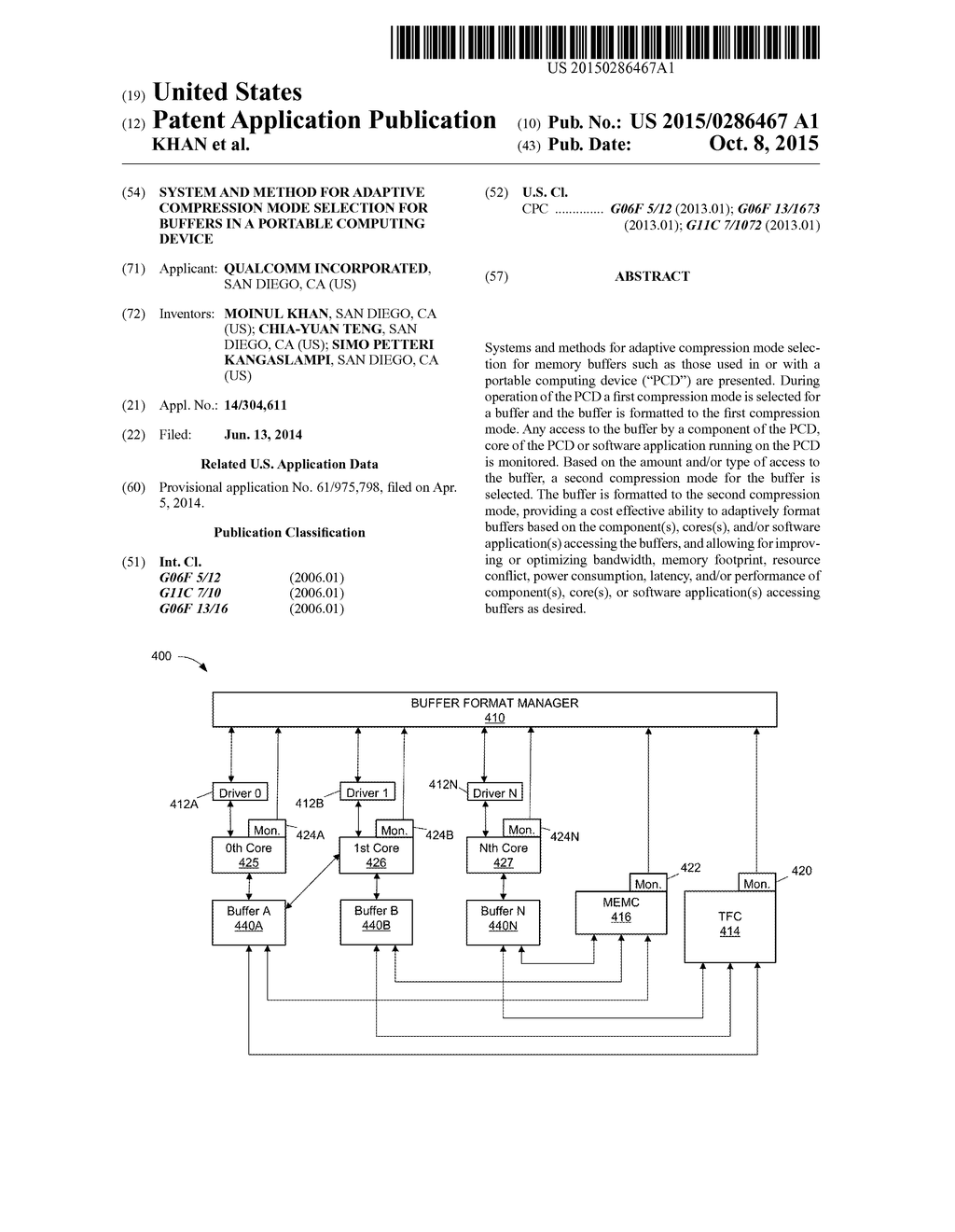 SYSTEM AND METHOD FOR ADAPTIVE COMPRESSION MODE SELECTION FOR BUFFERS IN A     PORTABLE COMPUTING DEVICE - diagram, schematic, and image 01