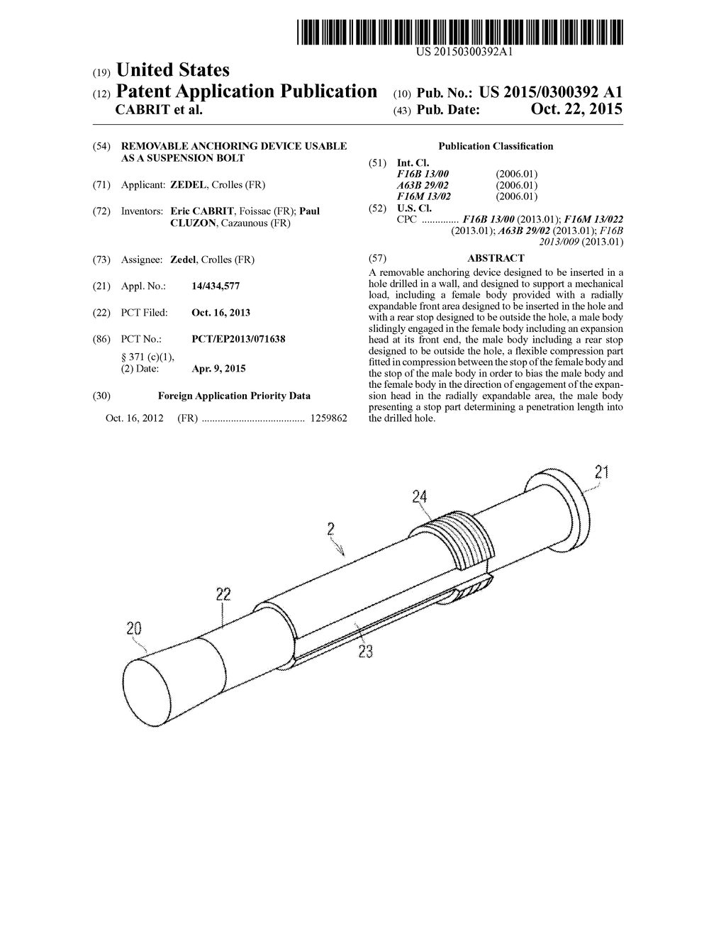 REMOVABLE ANCHORING DEVICE USABLE AS A SUSPENSION BOLT - diagram, schematic, and image 01