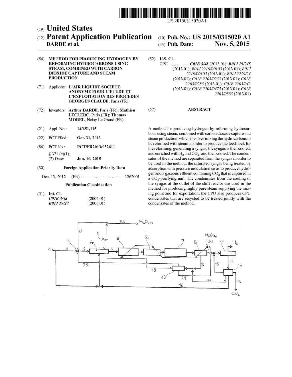 METHOD FOR PRODUCING HYDROGEN BY REFORMING HYDROCARBONS USING STEAM,     COMBINED WITH CARBON DIOXIDE CAPTURE AND STEAM PRODUCTION - diagram, schematic, and image 01