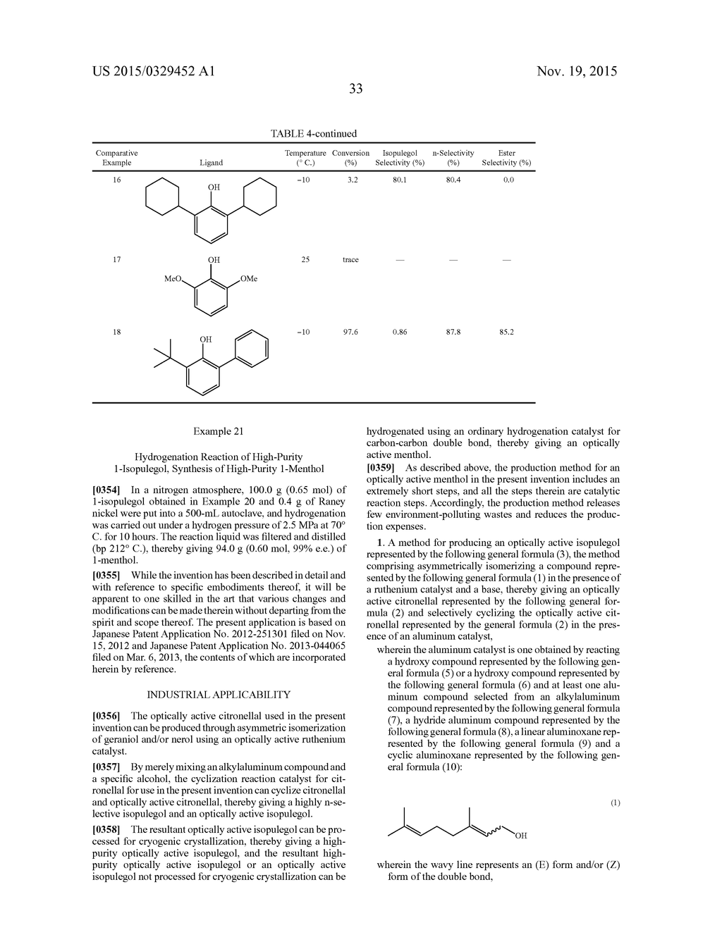 METHOD FOR PRODUCING OPTICALLY ACTIVE ISOPULEGOL AND OPTICALLY ACTIVE     MENTHOL - diagram, schematic, and image 38