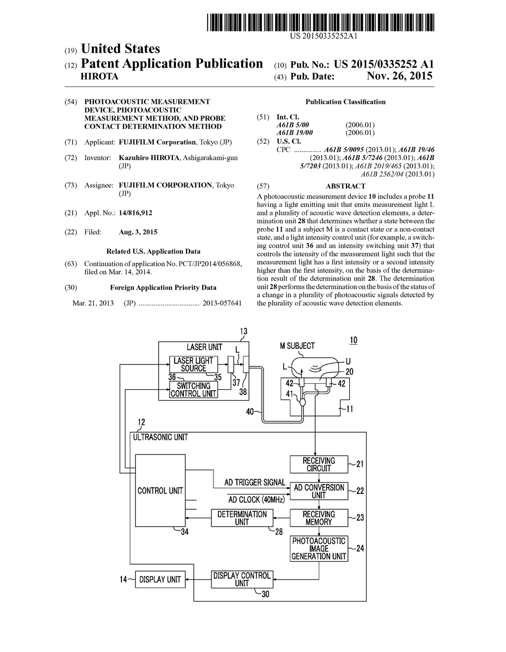 PHOTOACOUSTIC MEASUREMENT DEVICE, PHOTOACOUSTIC MEASUREMENT METHOD, AND     PROBE CONTACT DETERMINATION METHOD - diagram, schematic, and image 01