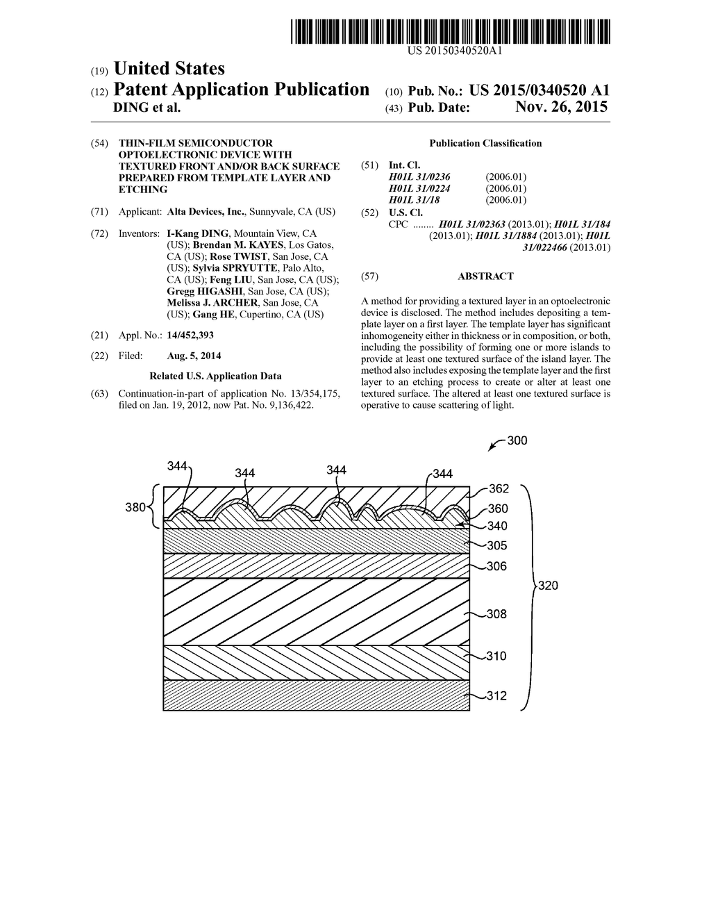 THIN-FILM SEMICONDUCTOR OPTOELECTRONIC DEVICE WITH TEXTURED FRONT AND/OR     BACK SURFACE PREPARED FROM TEMPLATE LAYER AND ETCHING - diagram, schematic, and image 01