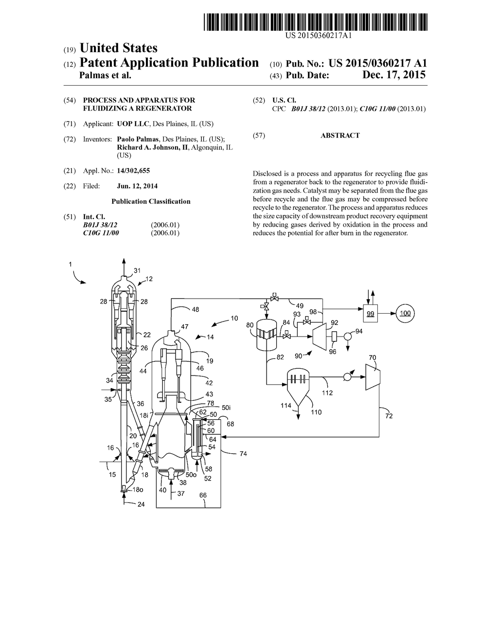 PROCESS AND APPARATUS FOR FLUIDIZING A REGENERATOR - diagram, schematic, and image 01