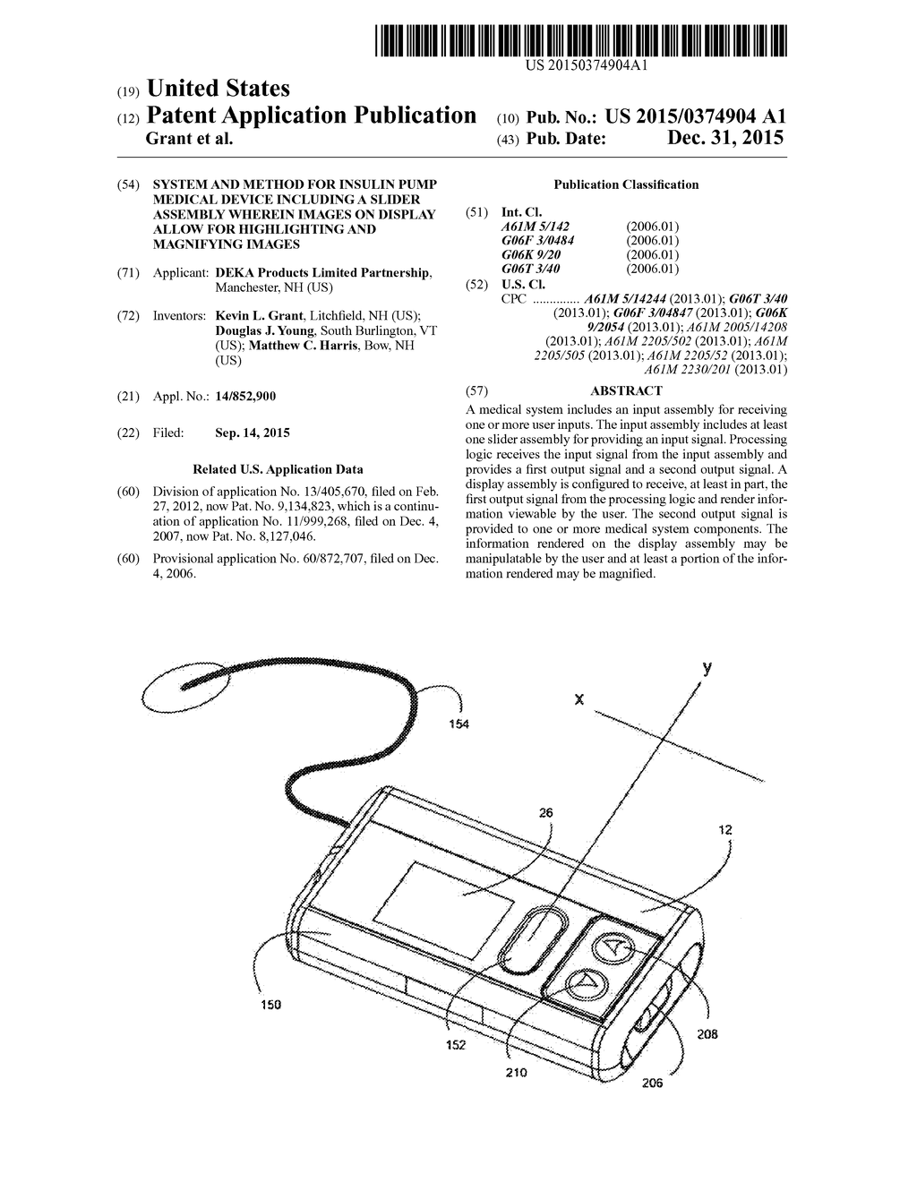 SYSTEM AND METHOD FOR INSULIN PUMP MEDICAL DEVICE INCLUDING A SLIDER     ASSEMBLY WHEREIN IMAGES ON DISPLAY ALLOW FOR HIGHLIGHTING AND MAGNIFYING     IMAGES - diagram, schematic, and image 01