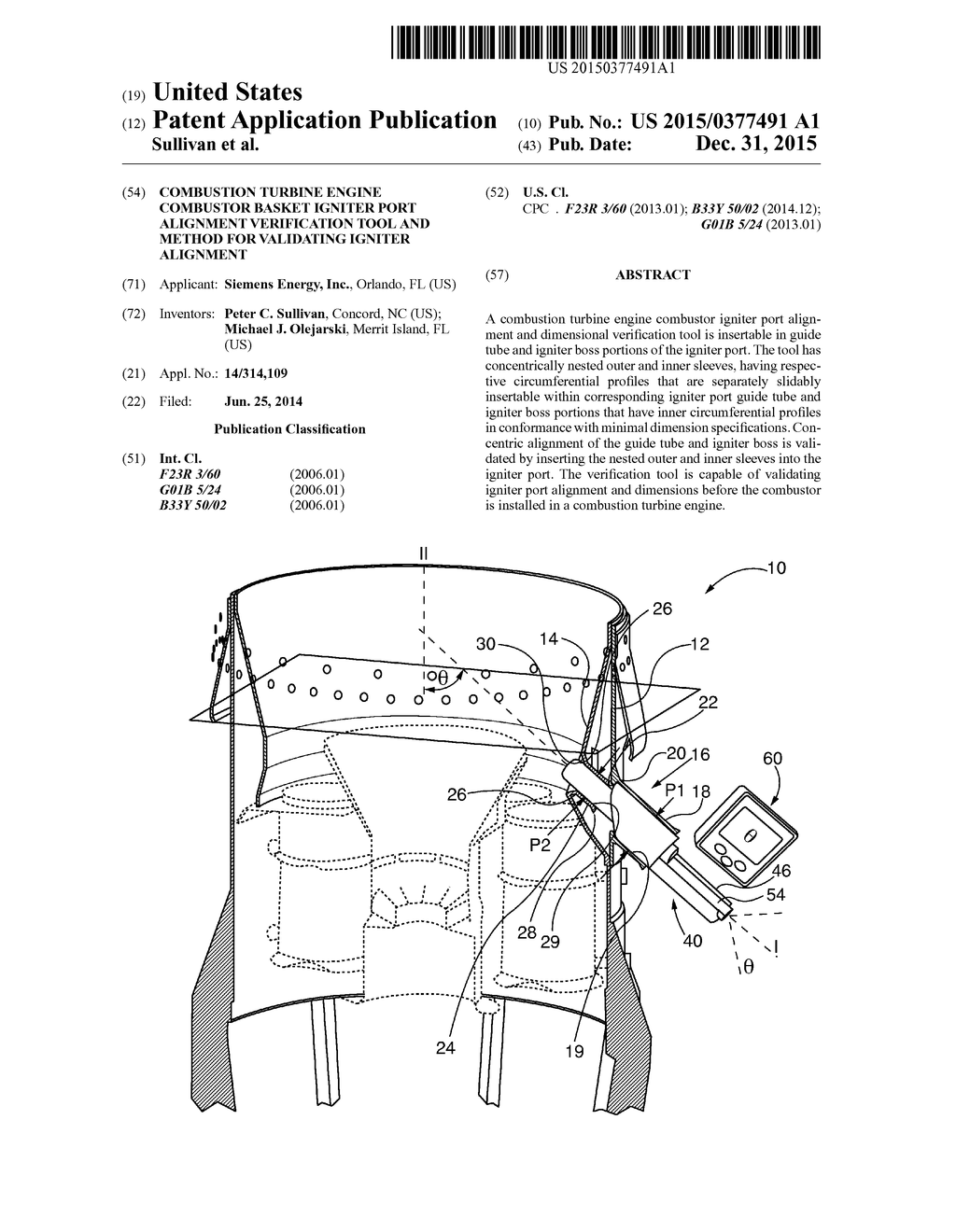 COMBUSTION TURBINE ENGINE COMBUSTOR BASKET IGNITER PORT ALIGNMENT     VERIFICATION TOOL AND METHOD FOR VALIDATING IGNITER ALIGNMENT - diagram, schematic, and image 01