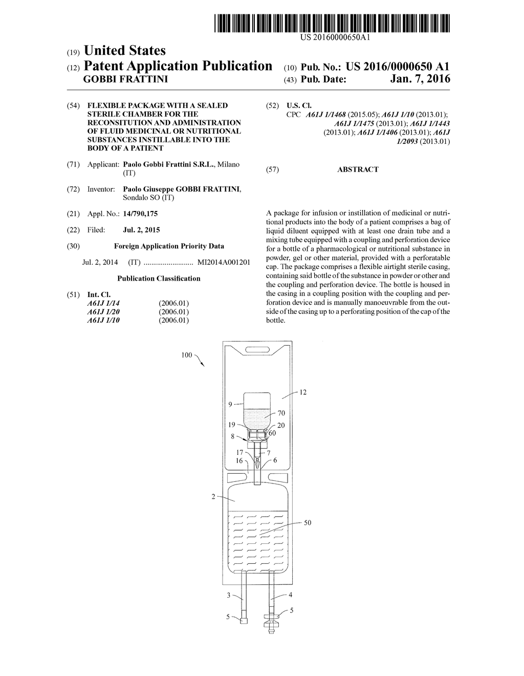 FLEXIBLE PACKAGE WITH A SEALED STERILE CHAMBER FOR THE RECONSITUTION AND     ADMINISTRATION OF FLUID MEDICINAL OR NUTRITIONAL SUBSTANCES INSTILLABLE     INTO THE BODY OF A PATIENT - diagram, schematic, and image 01