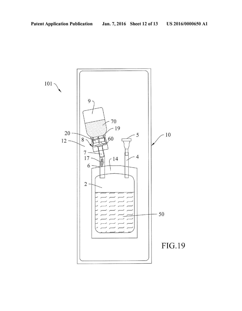 FLEXIBLE PACKAGE WITH A SEALED STERILE CHAMBER FOR THE RECONSITUTION AND     ADMINISTRATION OF FLUID MEDICINAL OR NUTRITIONAL SUBSTANCES INSTILLABLE     INTO THE BODY OF A PATIENT - diagram, schematic, and image 13