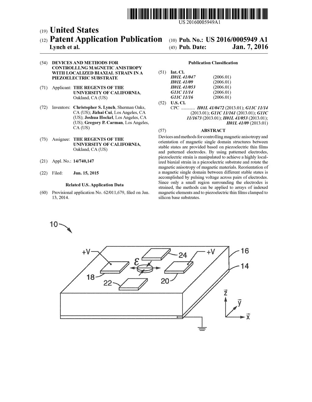 DEVICES AND METHODS FOR CONTROLLlNG MAGNETIC ANISTROPY WITH LOCALIZED     BIAXIAL STRAIN IN A PIEZOELECTRIC SUBSTRATE - diagram, schematic, and image 01