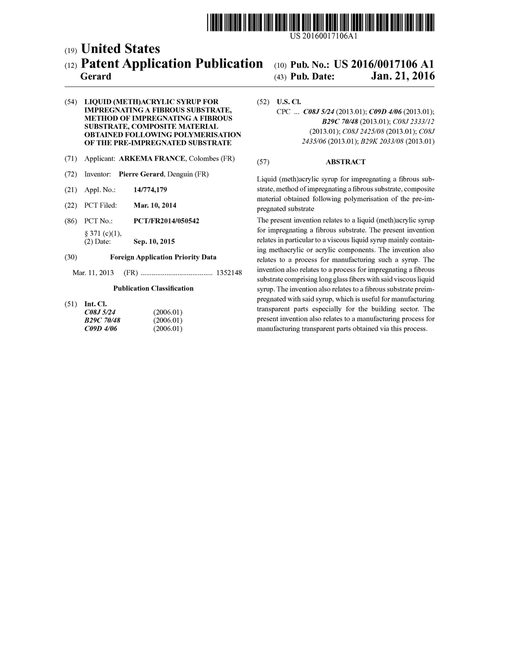 LIQUID (METH)ACRYLIC SYRUP FOR IMPREGNATING A FIBROUS SUBSTRATE, METHOD OF     IMPREGNATING A FIBROUS SUBSTRATE, COMPOSITE MATERIAL OBTAINED FOLLOWING     POLYMERISATION OF THE PRE-IMPREGNATED SUBSTRATE - diagram, schematic, and image 01