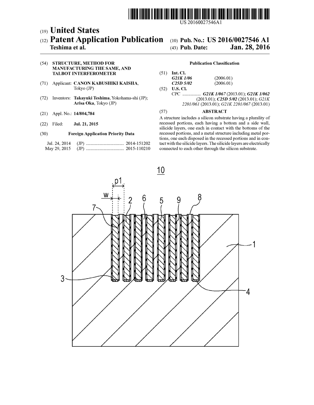 STRUCTURE, METHOD FOR MANUFACTURING THE SAME, AND TALBOT INTERFEROMETER - diagram, schematic, and image 01