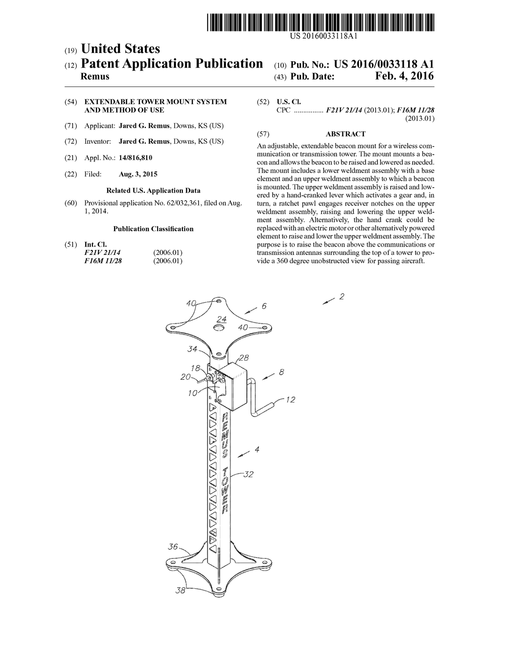 EXTENDABLE TOWER MOUNT SYSTEM AND METHOD OF USE - diagram, schematic, and image 01