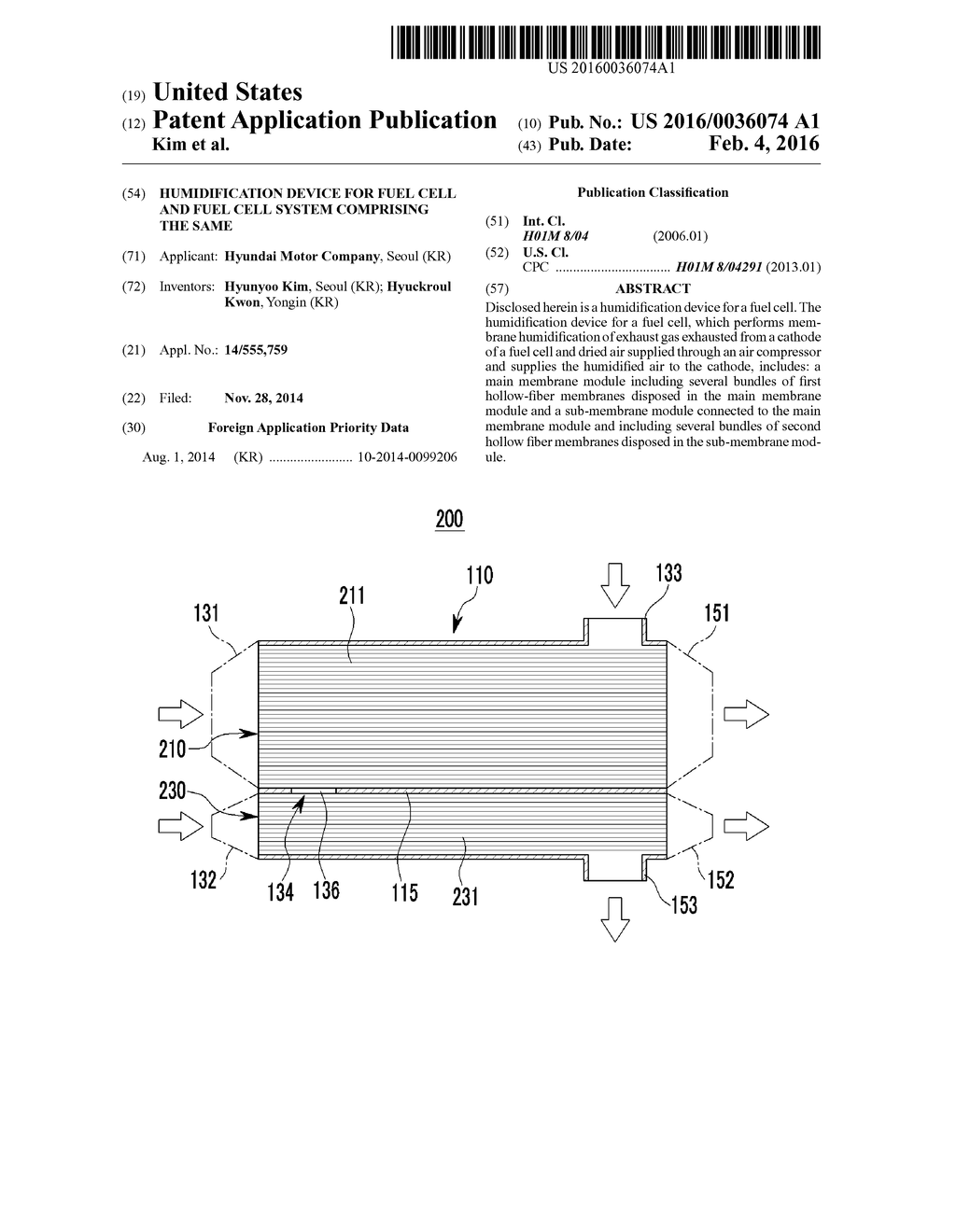 HUMIDIFICATION DEVICE FOR FUEL CELL AND FUEL CELL SYSTEM COMPRISING THE     SAME - diagram, schematic, and image 01