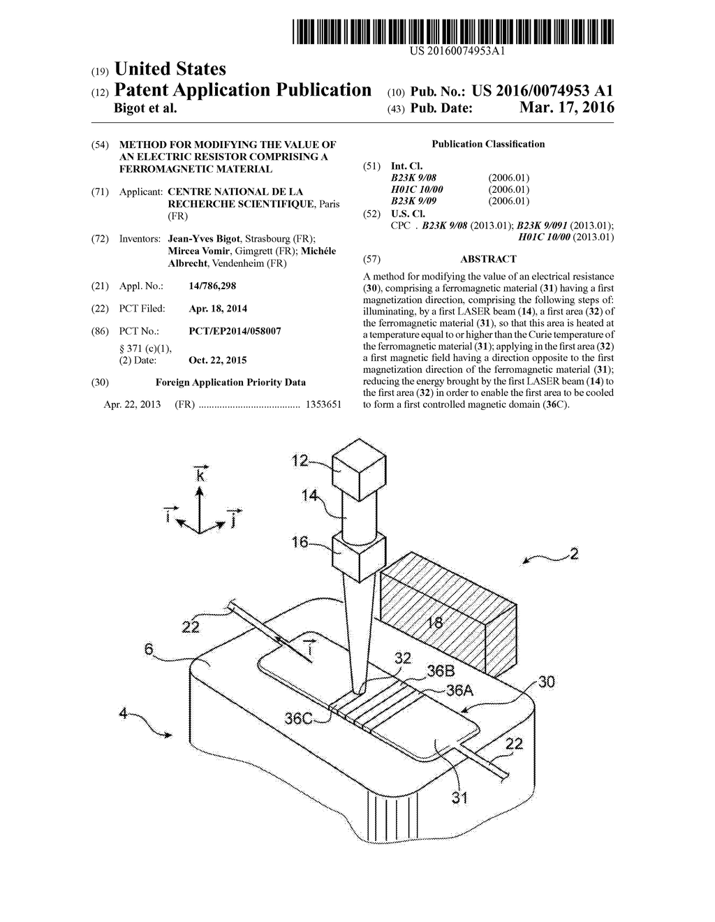 METHOD FOR MODIFYING THE VALUE OF AN ELECTRIC RESISTOR COMPRISING A     FERROMAGNETIC MATERIAL - diagram, schematic, and image 01