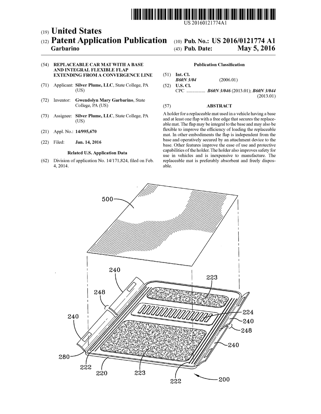 REPLACEABLE CAR MAT WITH A BASE AND INTEGRAL FLEXIBLE FLAP EXTENDING FROM     A CONVERGENCE LINE - diagram, schematic, and image 01