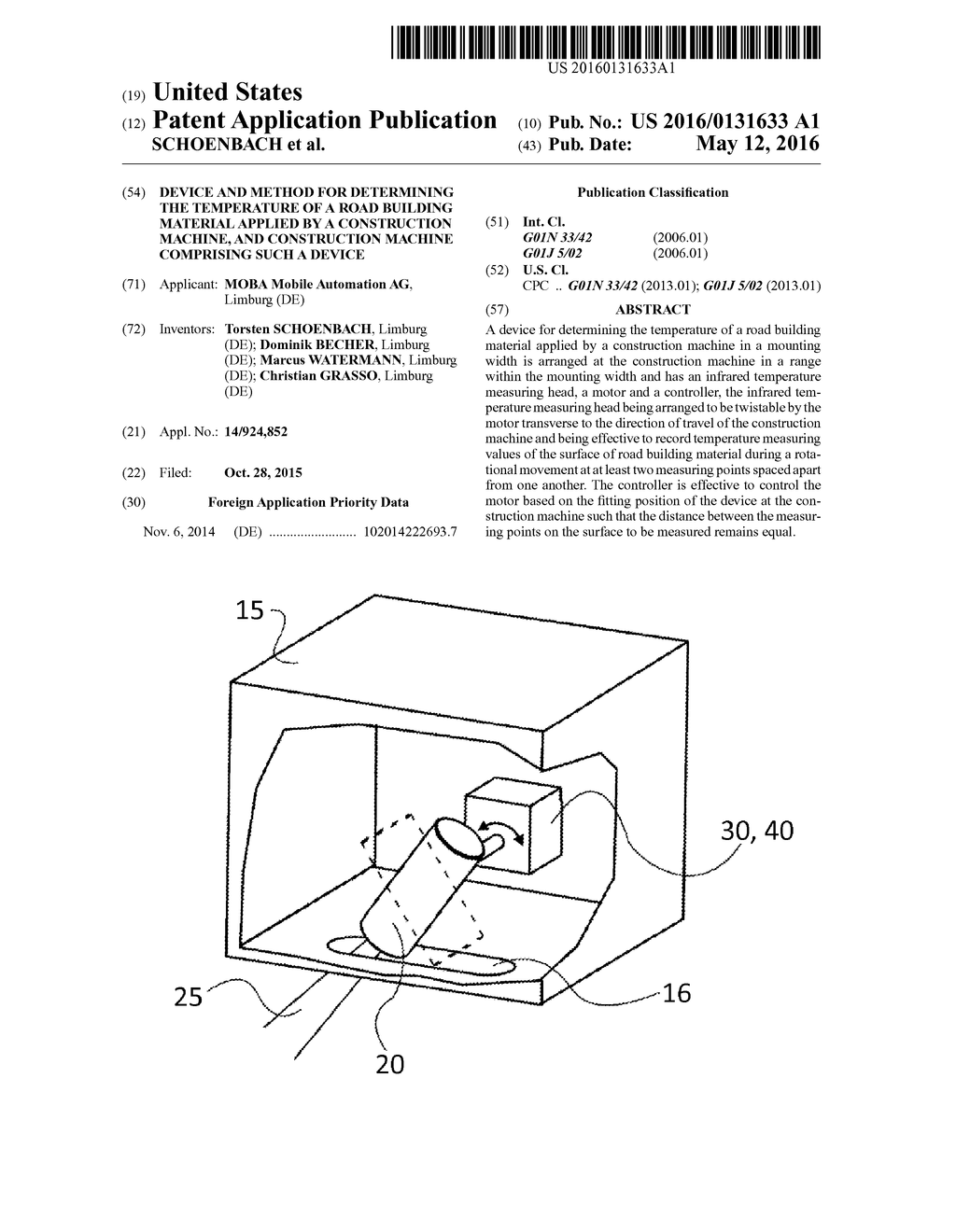 DEVICE AND METHOD FOR DETERMINING THE TEMPERATURE OF A ROAD BUILDING     MATERIAL APPLIED BY A CONSTRUCTION MACHINE, AND CONSTRUCTION MACHINE     COMPRISING SUCH A DEVICE - diagram, schematic, and image 01