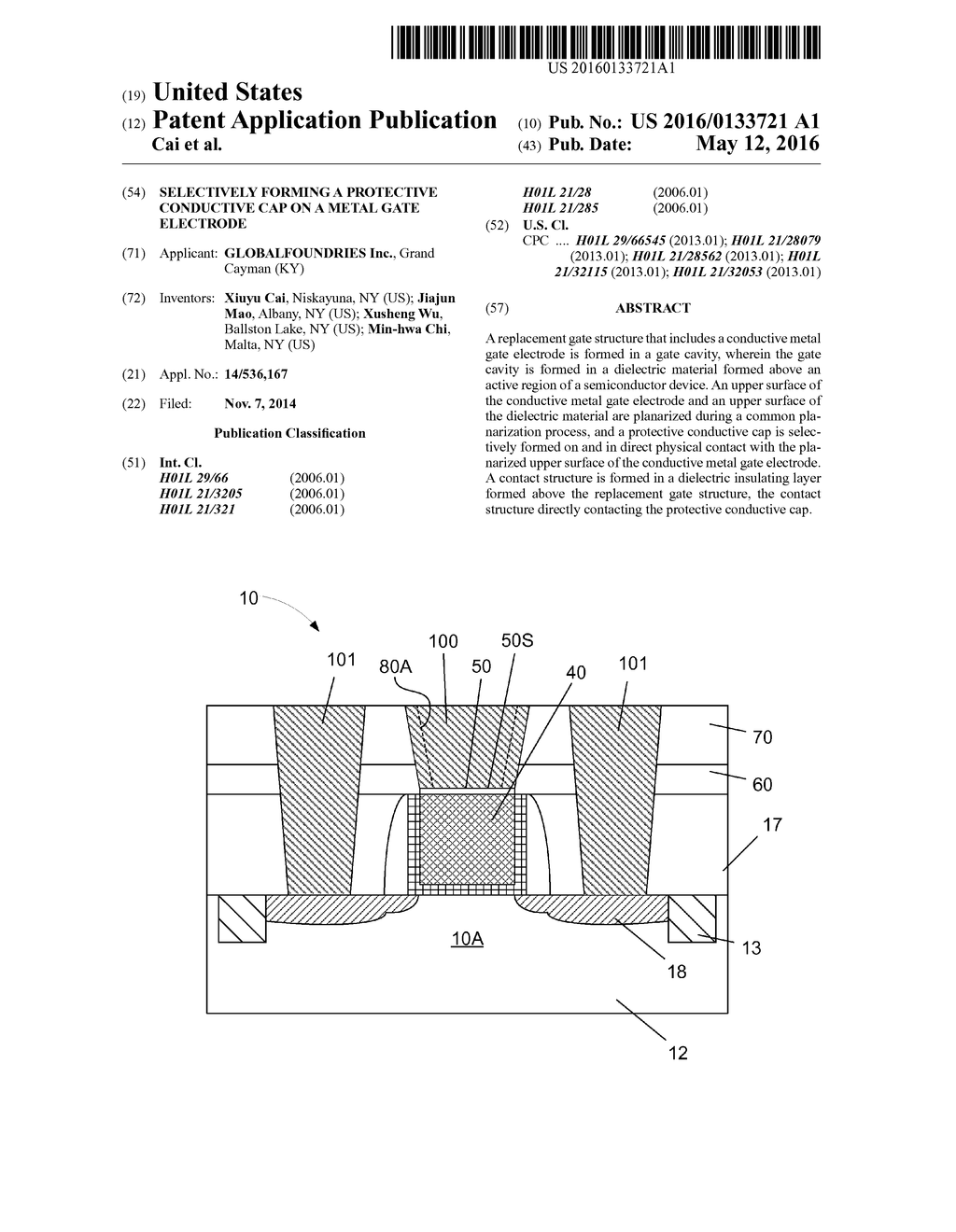 SELECTIVELY FORMING A PROTECTIVE CONDUCTIVE CAP ON A METAL GATE ELECTRODE - diagram, schematic, and image 01