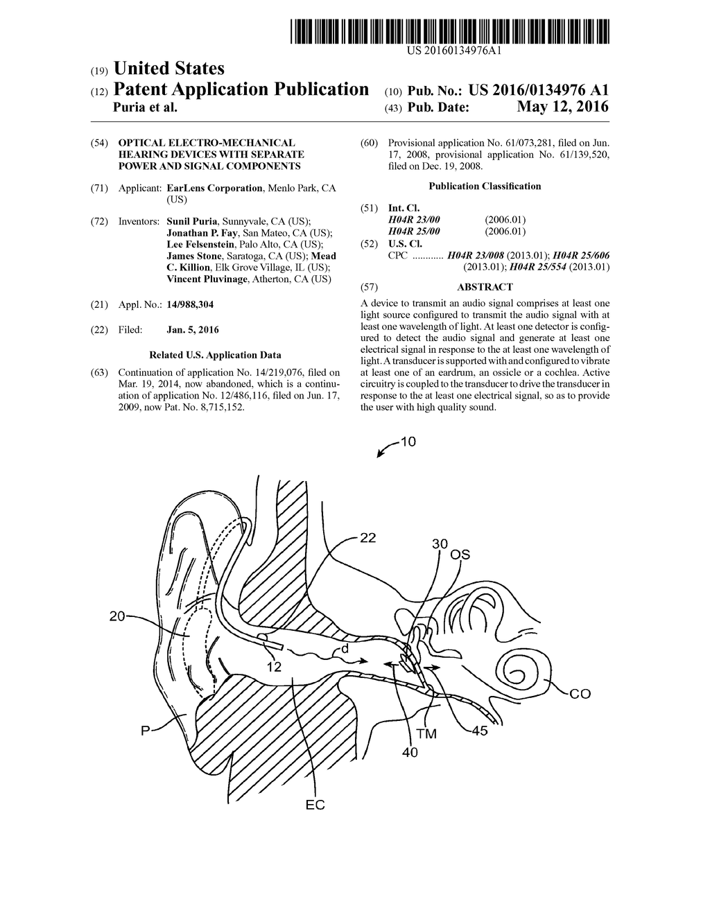 OPTICAL ELECTRO-MECHANICAL HEARING DEVICES WITH SEPARATE POWER AND SIGNAL     COMPONENTS - diagram, schematic, and image 01