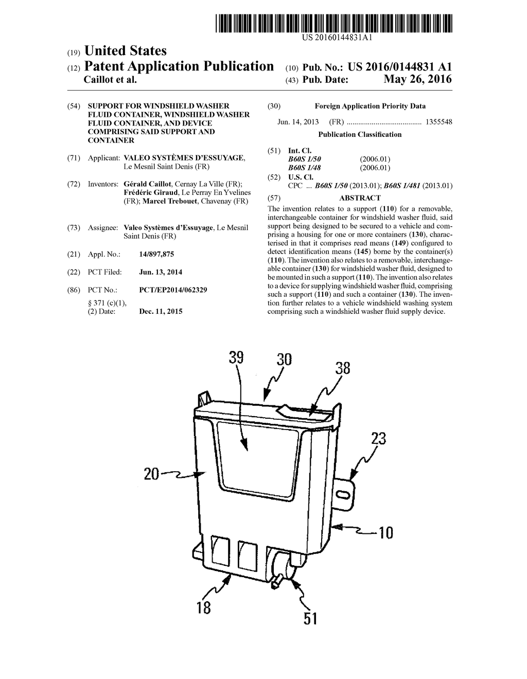 SUPPORT FOR WINDSHIELD WASHER FLUID CONTAINER, WINDSHIELD WASHER FLUID     CONTAINER, AND DEVICE COMPRISING SAID SUPPORT AND CONTAINER - diagram, schematic, and image 01