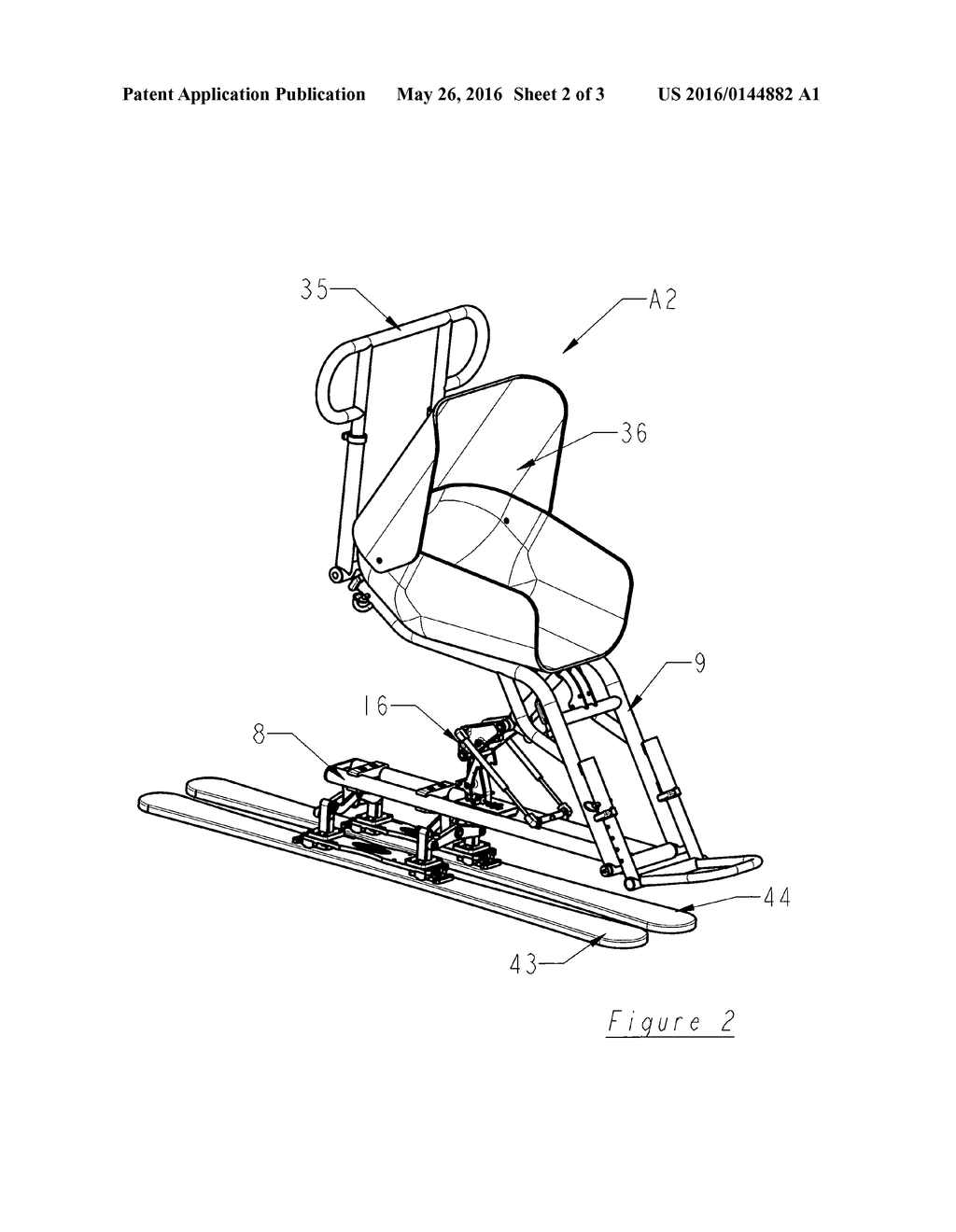 Para-Alpine sit-ski seat rises and tilts to permit handicapped skiers to     assume seating in standard ski slope chair lifts, unassisted if needs be - diagram, schematic, and image 03