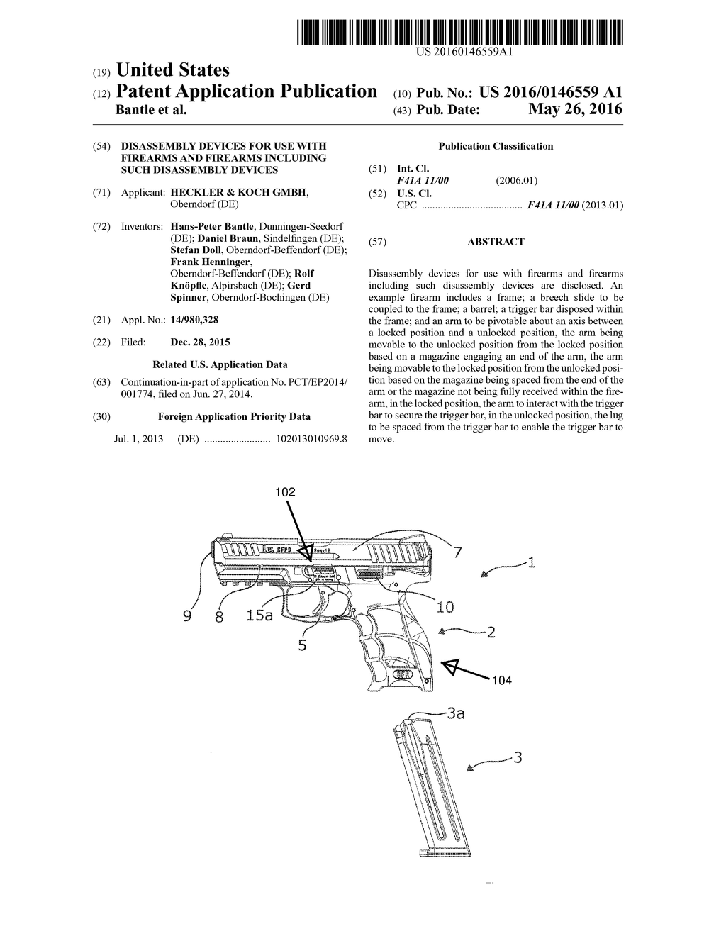 DISASSEMBLY DEVICES FOR USE WITH FIREARMS AND FIREARMS INCLUDING SUCH     DISASSEMBLY DEVICES - diagram, schematic, and image 01